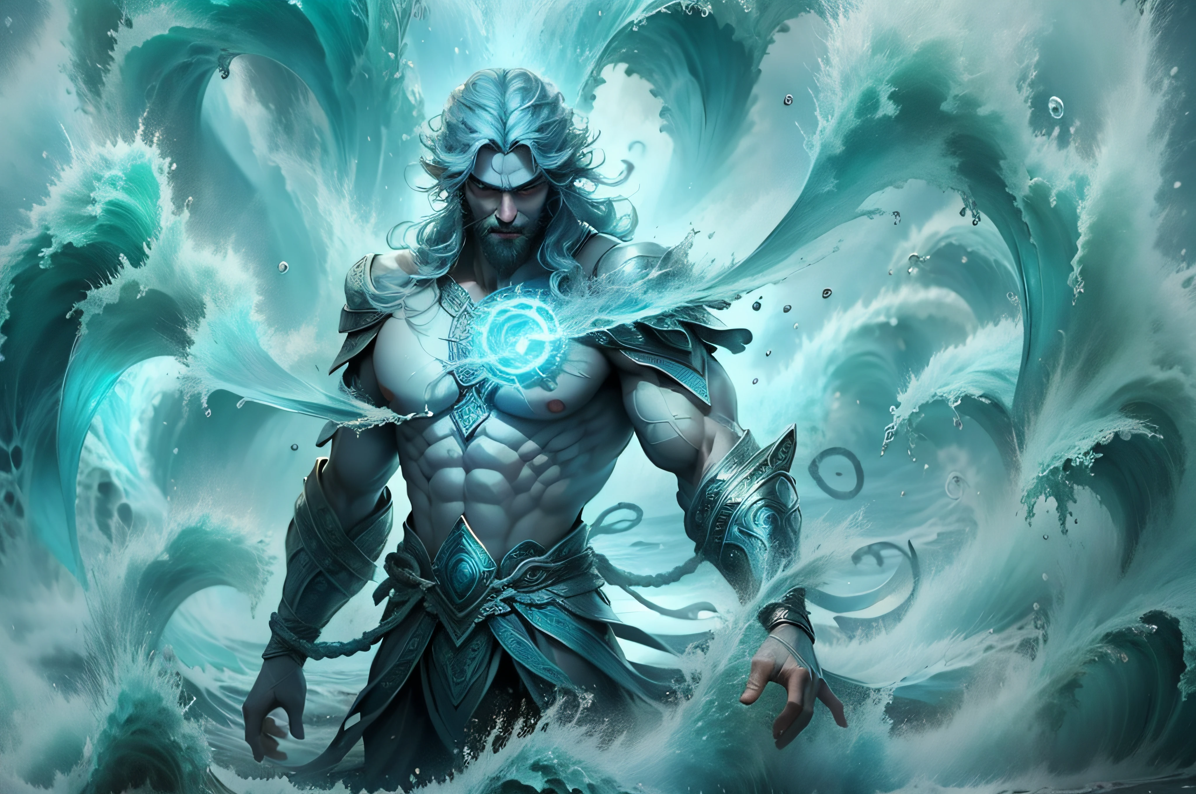 "Poseidon, the mighty Greek god of the sea, who radiates power and authority over the vast waters", which move like whips rising into the air
