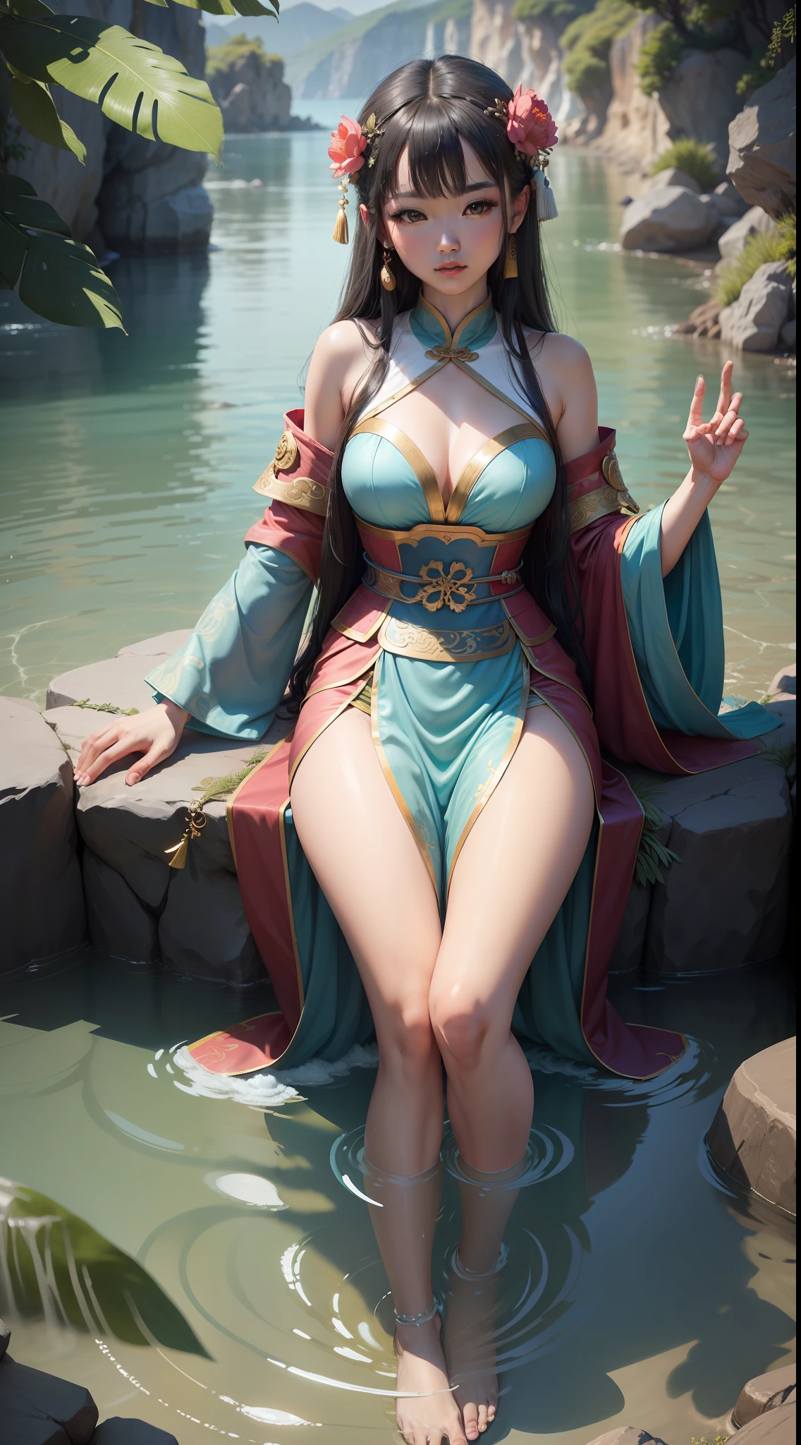 Draw a goddess dressed in ancient Chinese clothing,Full of fairy tales,Similar to the background of the mythical story of Jingwei Ken,She lay on the sea level,Natural expression,Water splashed around her,The magic weapon hangs in the air,mature,lovely and kind,The legs are thin and smooth,Extraordinary temperament,8K,ultraclear,Wallpapers,Cool colors are the dominant color,goodness,adolable,Eye killing,super-fine