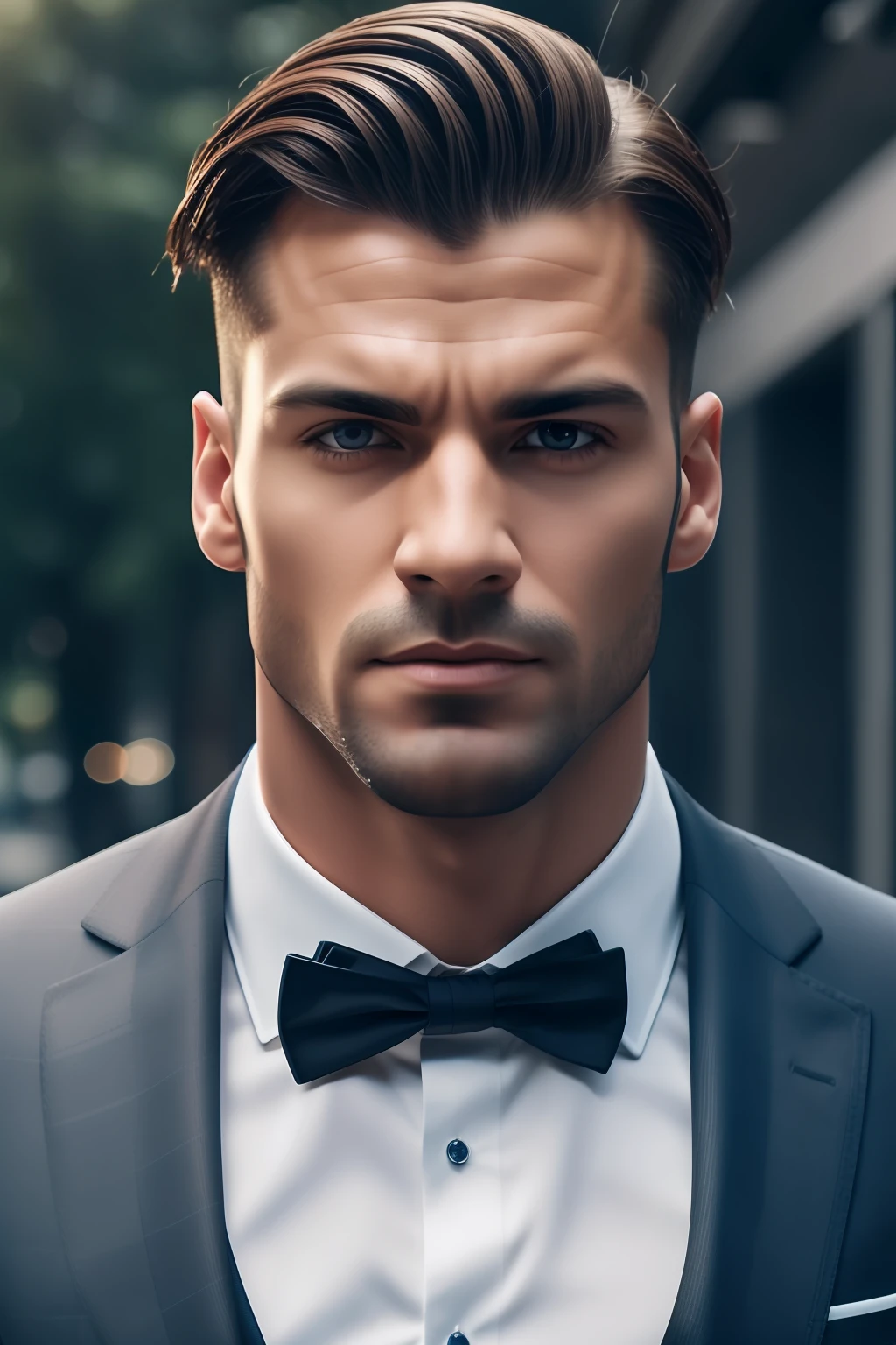 Natural photography of a muscular male, wearing a suit, locks eyes into the camera, symmetrical eyes, symmetrical face, photorealistic, photography, path tracing, specular lighting, volumetric face light, path traced hair, visible shadows, intricate, elaborate