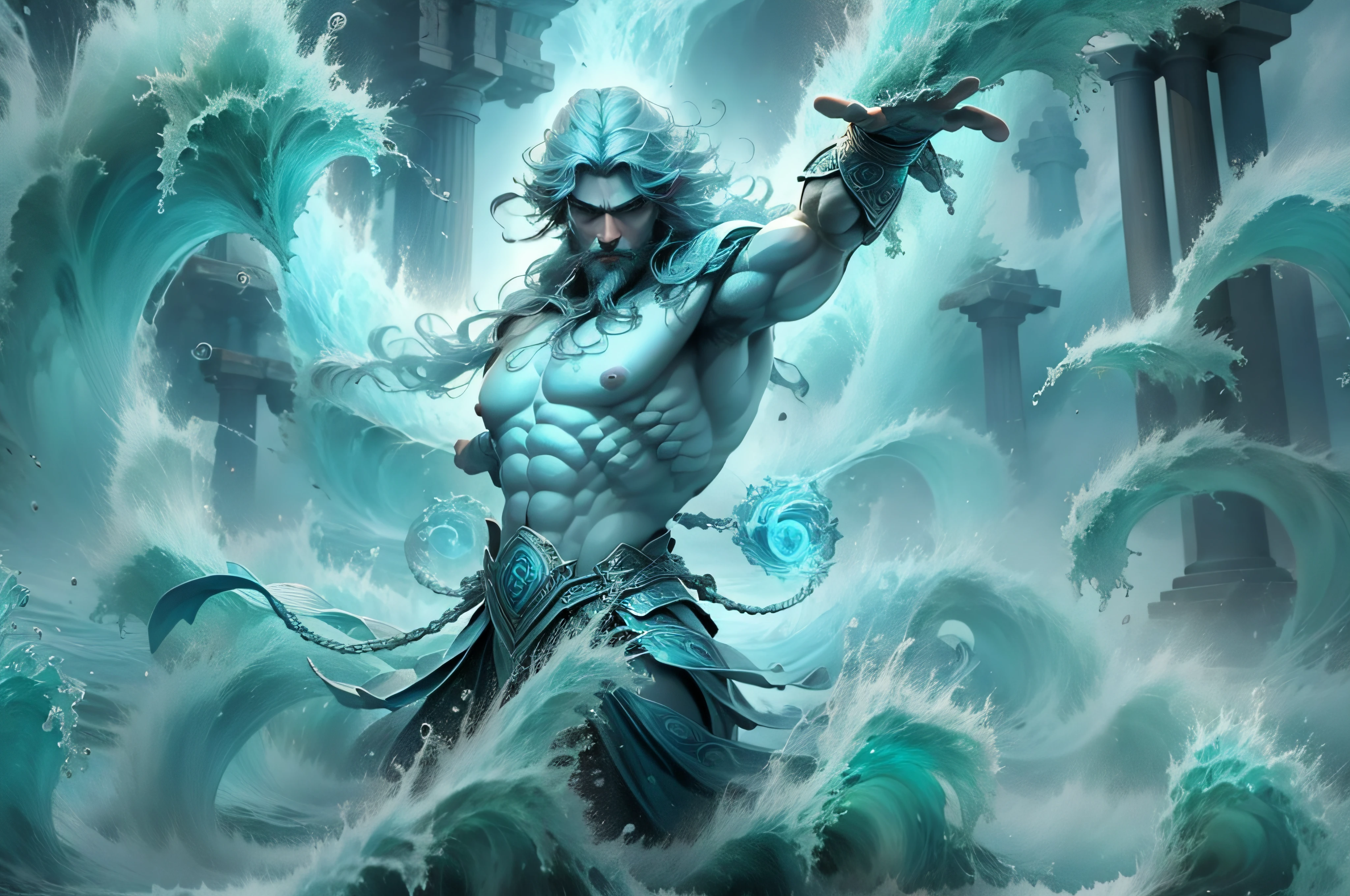 "Poseidon, the mighty Greek god of the sea, who radiates power and authority over the vast waters", which move like whips rising into the air