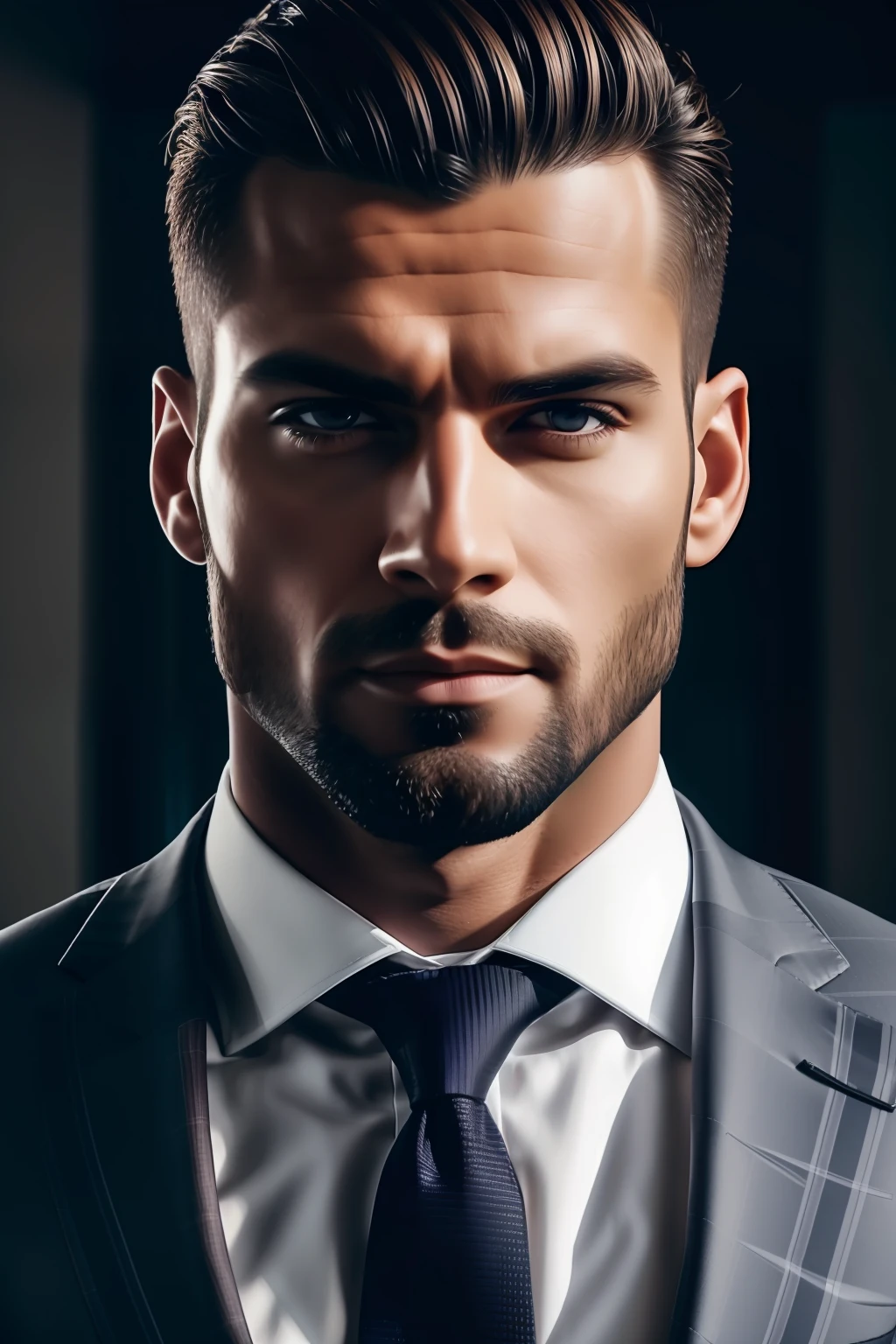 Natural photography of a muscular male, wearing a suit, locks eyes into the camera, symmetrical eyes, symmetrical face, photorealistic, photography, path tracing, specular lighting, volumetric face light, path traced hair, visible shadows, intricate, elaborate