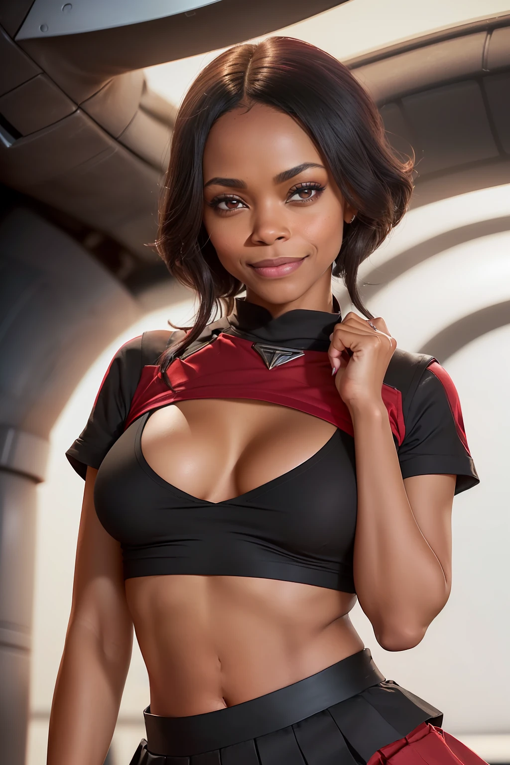 (Foto von Zoe Saldana als Uhura), ((sie ist an Bord der Enterprise NCC-1701)), (((sie steht in ihrer Kabine))), ((schlanke Frau), ((she has small round breasts)), ((close together breasts)), (kleiner Kopf), ((detailliertes Gesicht)), (fotorealistisch), (Raytracing), (scharfer Fokus), ((natural realistic skin texture)), ((lange schwarze Haare)), (((she wears a dark red underboob tight cropped shirt)), , (((she wears a black skirt))), (she smiles seductively at the viewer)