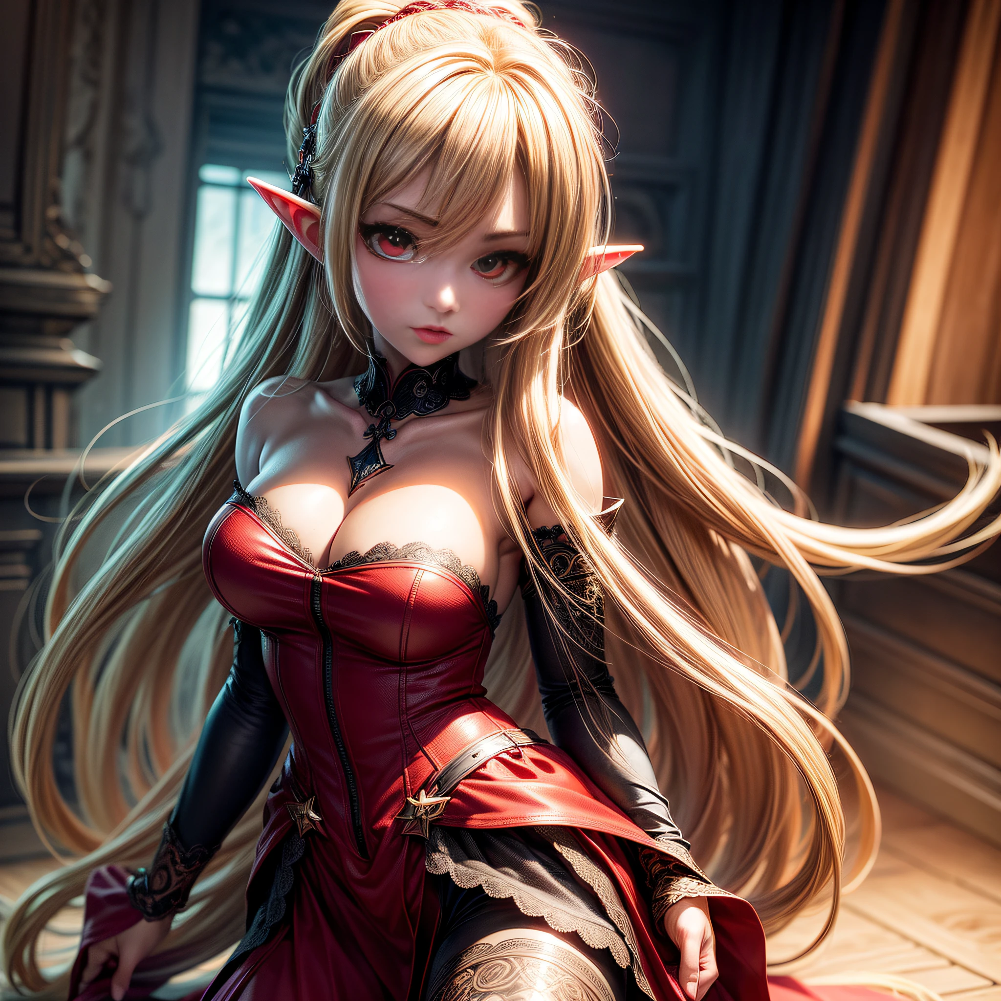 (masterpiece), (high quality), (full body), anime, a (((red eyed))) woman with long blonde hair and a green top sitting on a red sofa, elf, seductive elf princess knight, blonde anime girl with long hair long, an elf queen, seductive anime girl, elf princess, elf queen, (((seductress))) elf princess, she has elf ears and (red eyes), anime goddess, anime female character, sexy, (Capturing the enchanting sunset light: 1.1), (Enhancing the beauty of your blonde hair: 1.3) Hyper Detail, Insane Detail, Beautiful Color Gradation, Unreal Engine, DOF, Super-Res, Megapixel, Cinematic Lightning, Anti-aliasing, FKAA, TXAA, RTX, SSAO, Post-Processing, Post-Production, Tone Mapping, CGI, VFX, SFX, Insanely Detailed and Intricate, Hyper Maximalistic, Hyper Realistic, Volumetric, Photorealistic, Ultra Photorealistic, Ultra Detailed, Intricate Detail, 8K, super detailed, colorful, volumetric lightning, HDR, realistic, unreal engine, 16K, sharp focus. octane renderingg