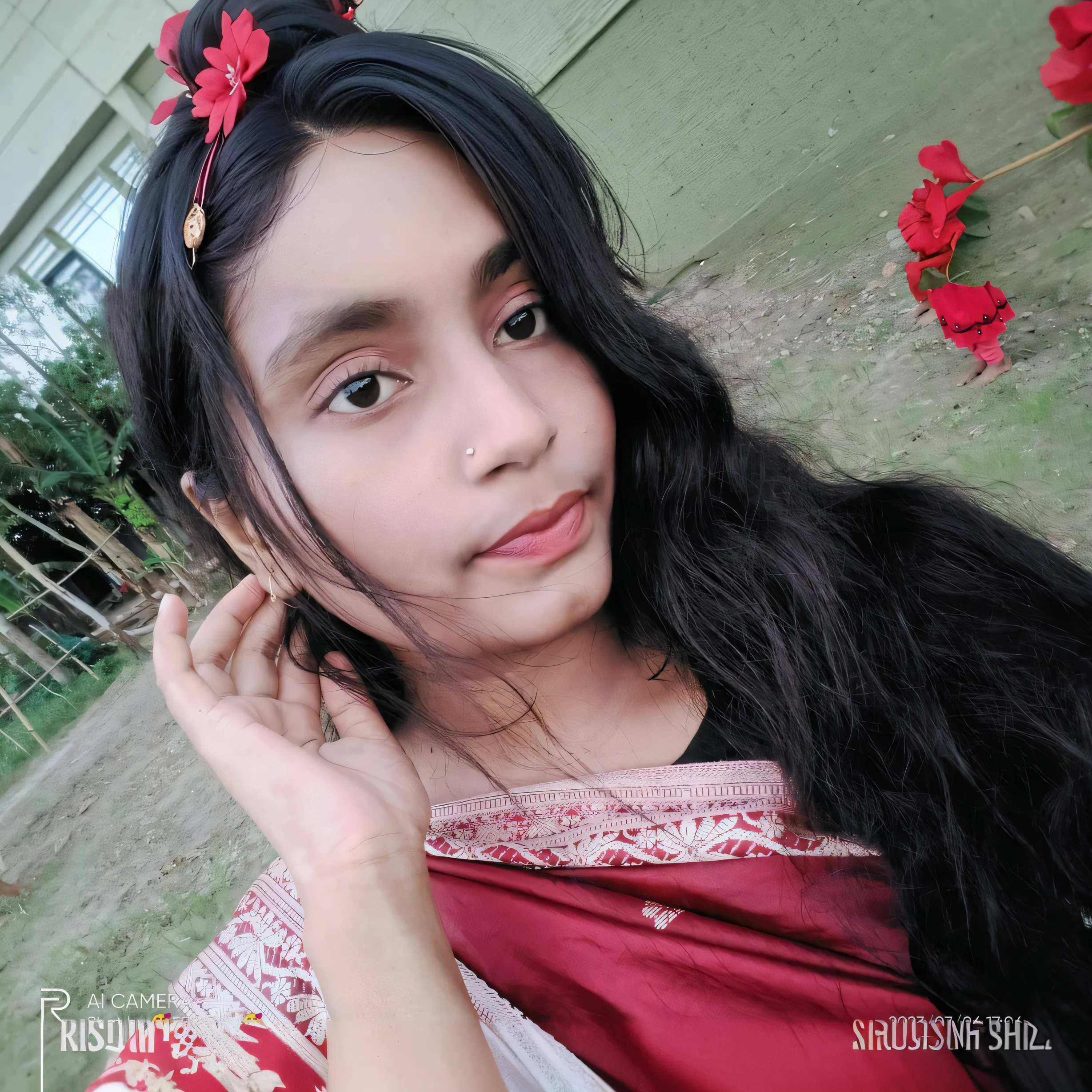 there is a young girl with long black hair wearing a red sari, with lovely look, with kind face, with accurate face, with a beautifull smile, candid picture, very very low quality picture, assamese aesthetic, beuatiful face, beutiful face, taken with the best dlsr camera, traditional beauty, friedly smile, face picture