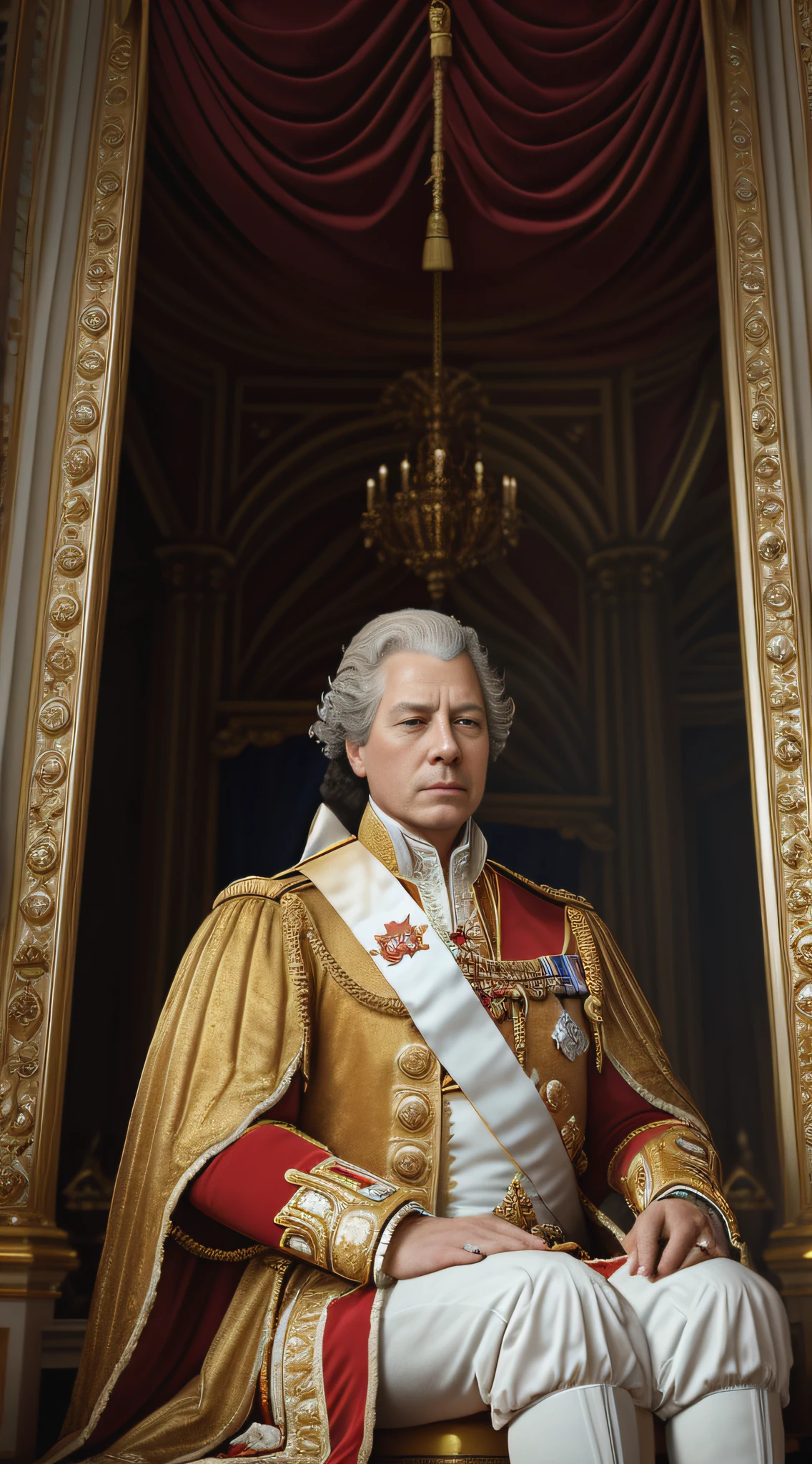 {King George II in his royal attire and iconic powdered wig, sitting on his royal toilet with an extremely exhausted facial expression}, Realistic Style inspired by Greg Rutkowski, Art Station Influencer, Wide Angle Lens, Medium Shot, (Highly Detailed:1.25), (Natural Light:0.8), (4K Resolution:1.15), (Royal Attire:1.3)