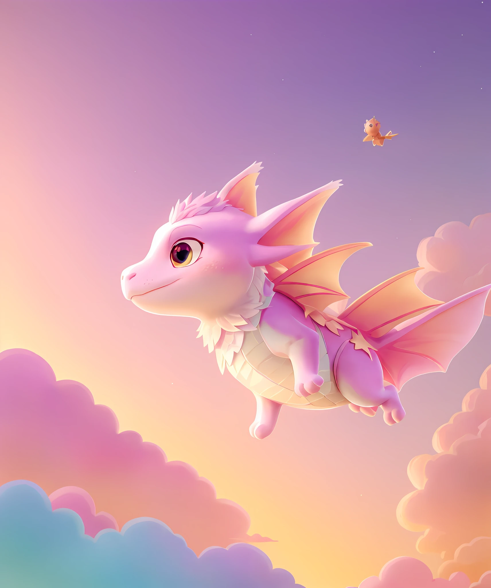 White sky, longshot, PastelColors, Cute baby dragon with gentle expression in long shot small pink gold gradient color flying over crystal mountain in the sky, eyes gentle, stele, natural soft light, Fantasyart, Soft lighting, Vector image, Professional Photography, isometric, glint, Pillar of Light, World of Light,