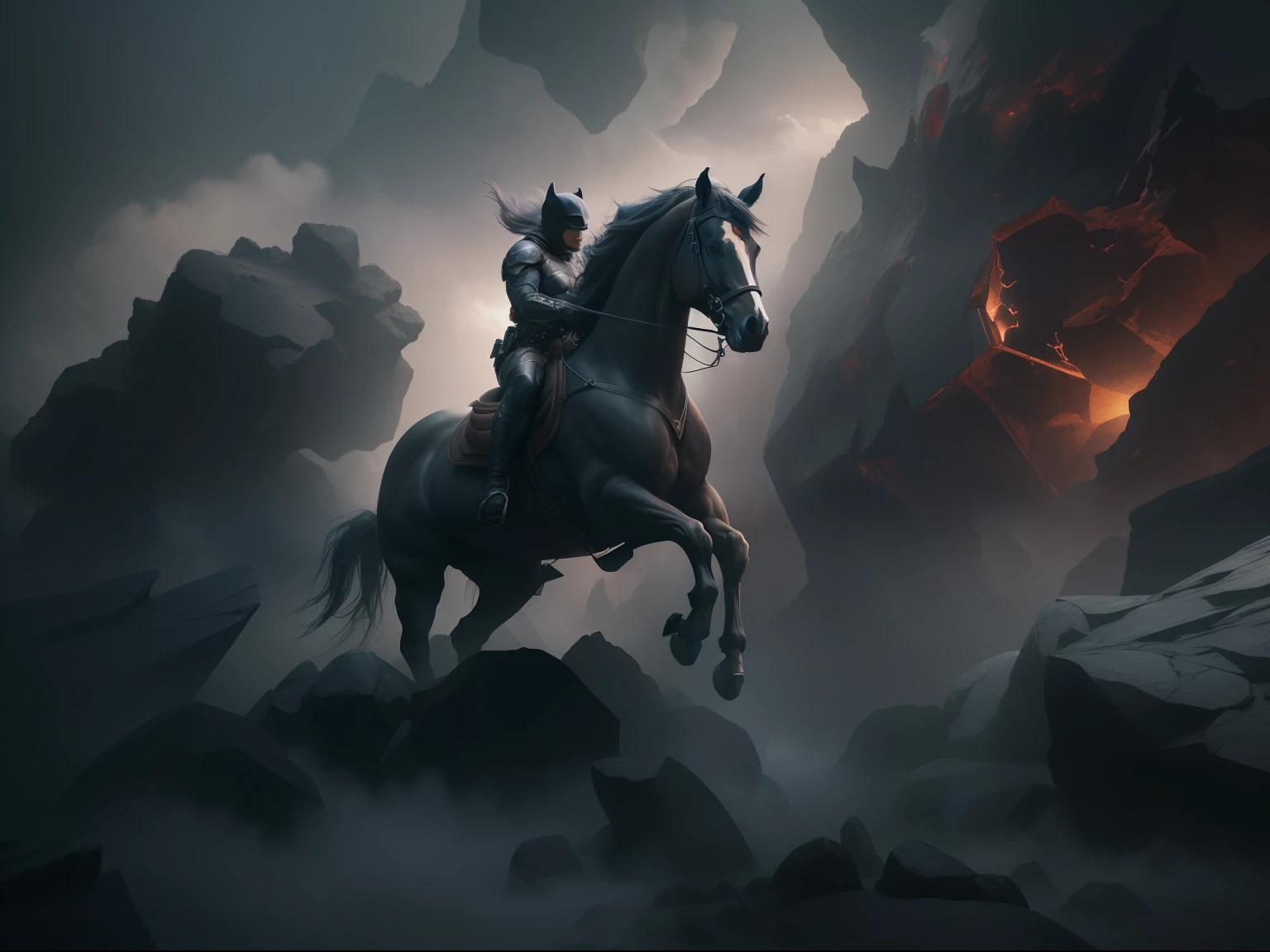 horses and dark knight, climbing the asteroid, dramatic moment, fantasy style, character render, octane rander, fog, debrish, ultra high quality model, ethereal background, abstract beauty, explosive volumetric, digital painting, heavy strokes, mystery place, ultra detailed, high texture, 8k, good anatomy, creative abstract art, centered object