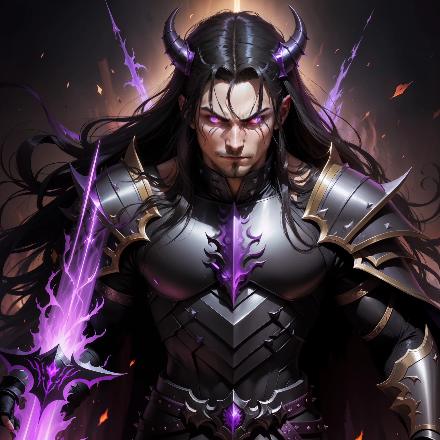 male dark lord, armor, spikes, smug face, mean face, long dark hair, strong, tall, purple flames sword, purple powers, dark flames background, dark background, fangs, horns, no beard, young face, anime style character,