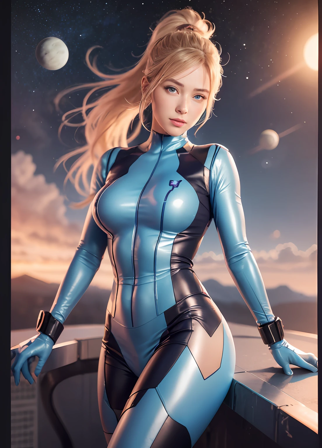 samus aran, ponytail, hair tie, blue gloves, blue bodysuit, high heels (masterpiece, best quality:1.4), (modern days), blue eyes, full body, wide shot, 1girl, solo, pov, sfw, stunning girlfriend, space background, (standing:1.1), heart shaped face, elegant face, beautiful face, highly detailed face, highly detailed skin, skin pores, subsurface scattering, realistic pupils, medium breast, loving smile, looking at viewer, full face blush, full lips, detailed background, depth of field, atmospheric perspective, volumetric lighting, sharp focus, absurdres, realistic proportions, good anatomy, (realistic, hyperrealistic:1.4), 16k hdr,