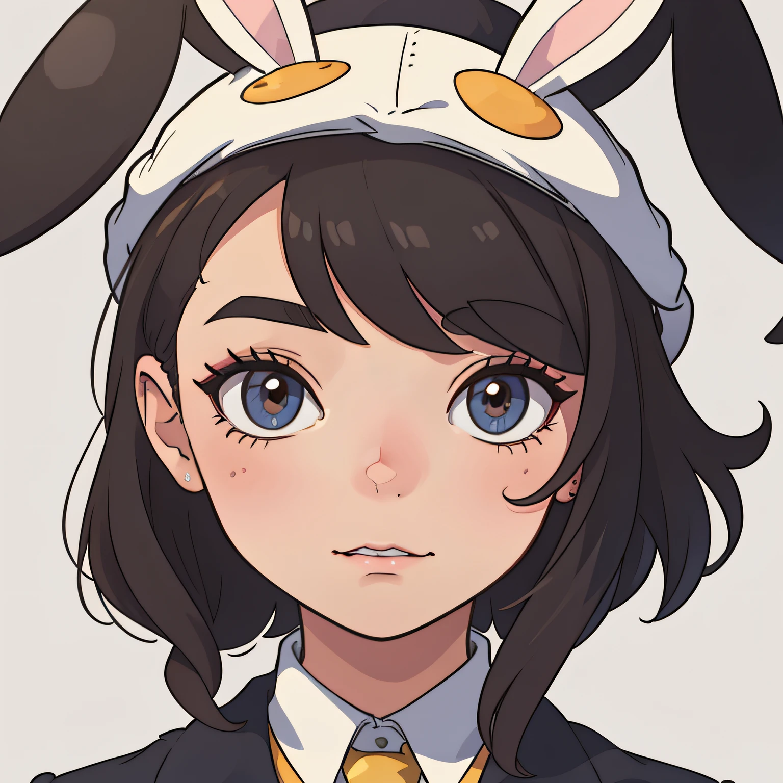 Close up of a brunette woman's face,Clear and bright,Background color:#ffa4a4,cabelos preto e longos,Wears a hat in the shape of a cute bunny head,