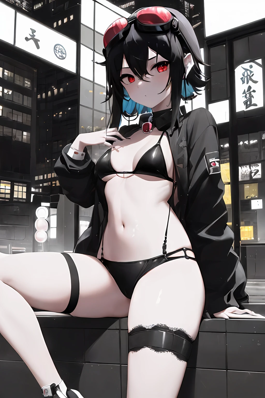 ​masterpiece, best_quality, 1girl in, 独奏, Gummies, Goggles on the head, a navel, city nigth, a street,  Serious,Dark look,Looking here