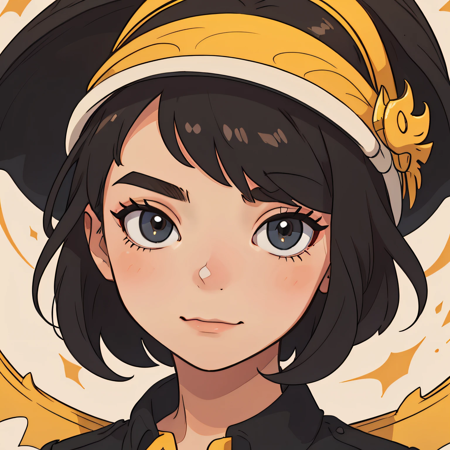 Close up of a brunette woman's face,Clear and bright,Background color:#FFA4A4,with short black hair,Wears a hat with a dragon head pattern,