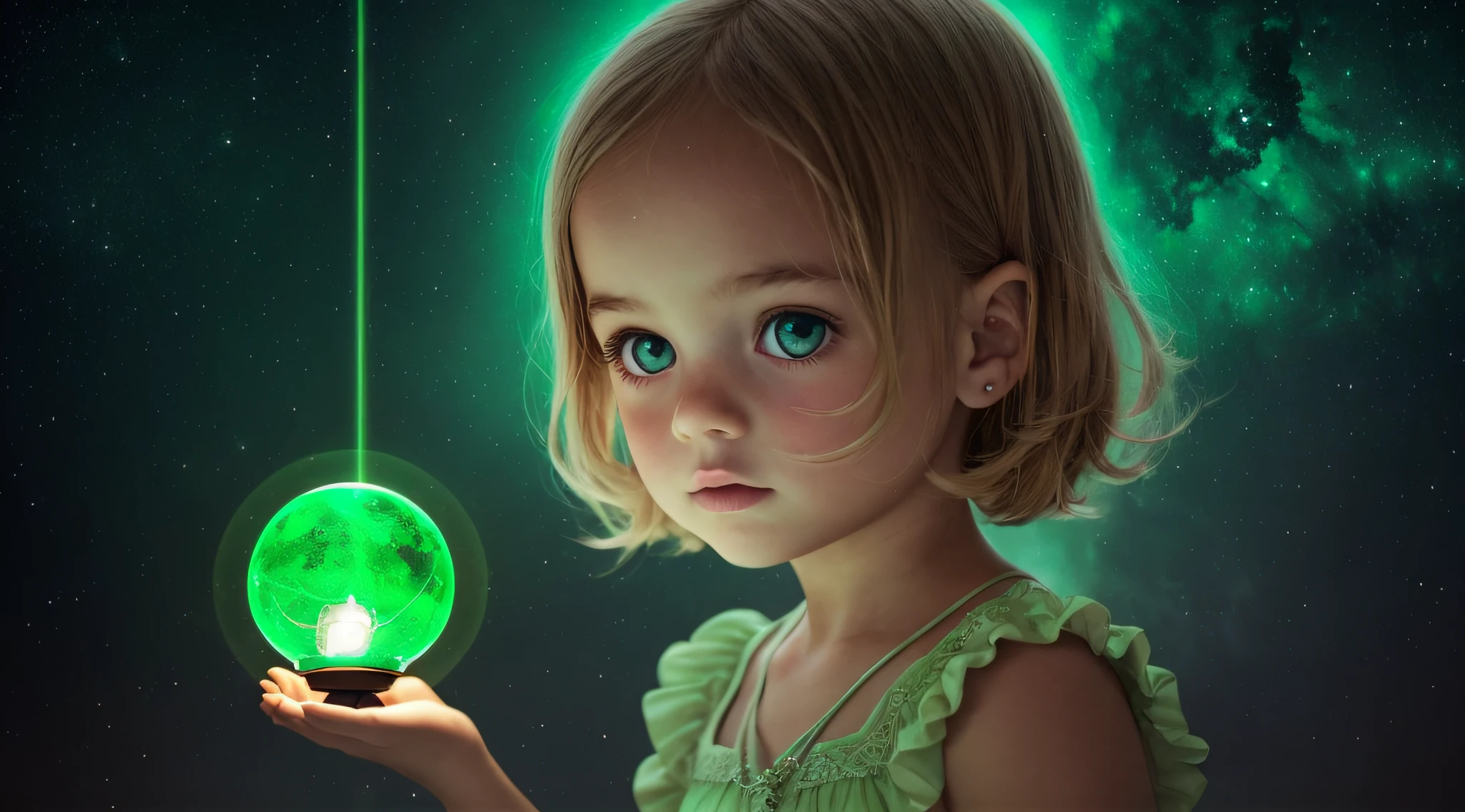 There's a KIDS BLONDIE holding a lamp in her hand, verde brilhante, brilho verde, green lighting, brilho verde, photo manipulation, Magia Verde, he is casting a lighting spell, luz verde, energia verde, neon verde, Aura verde, littlemagical powers, amazing color photograph, Luz ambiente verde, brilho radioativo verde, photo - manipulation, amazing photo