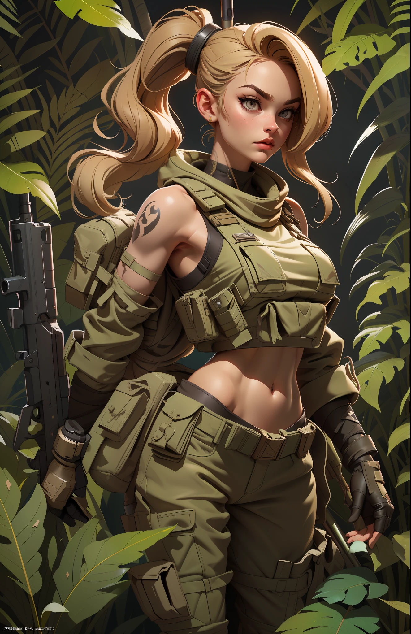 Gorgeous and fearless female soldier, fit body, military croptop, bare shoulders, dark blond hair, tattoo arm, holding big gun, running in jungle, full detail face,  killing eyes, high detail, realistic, photo quality, high quality,  (photorealistic:1.4), highly detailed, masterpiece, High-quality shadow,