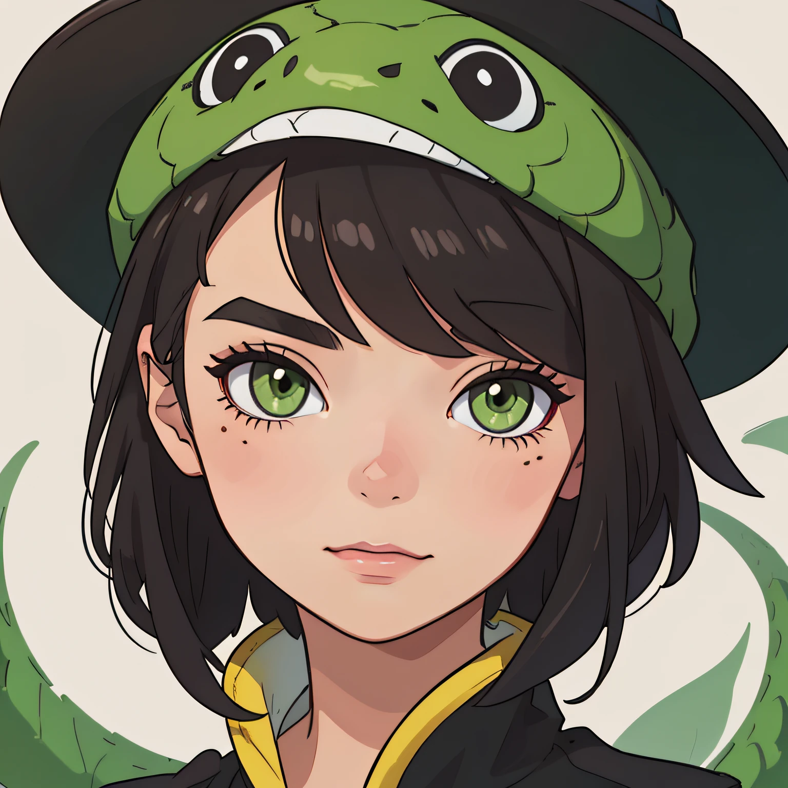 Close up of a brunette woman's face，Clear and bright，Background color:#FFA4A4，with short black hair，Wearing a hat in the shape of a green snake head,