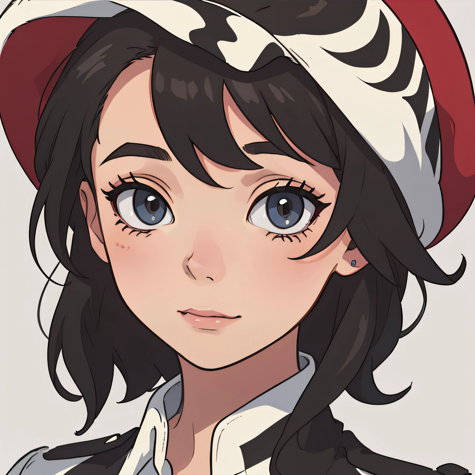 Close up of a brunette woman's face，Clear and bright，Background color:#FFA4A4，with short black hair，Wears a zebra-headed hat,mane hair