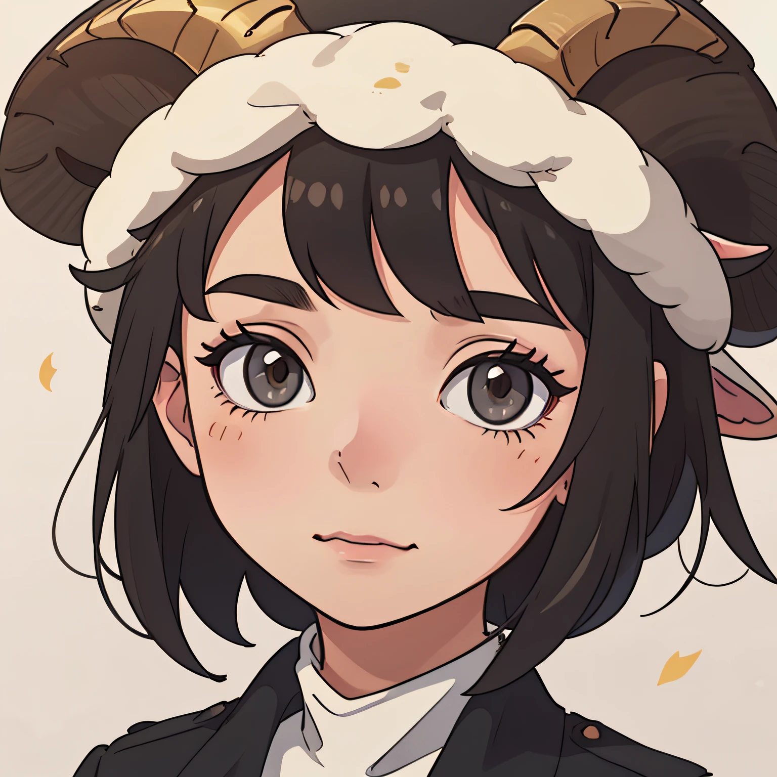 Close up of a brunette woman's face，Clear and bright，Background color:#FFA4A4，with short black hair，Wears a hat in the shape of a cute sheep's head,goat horn