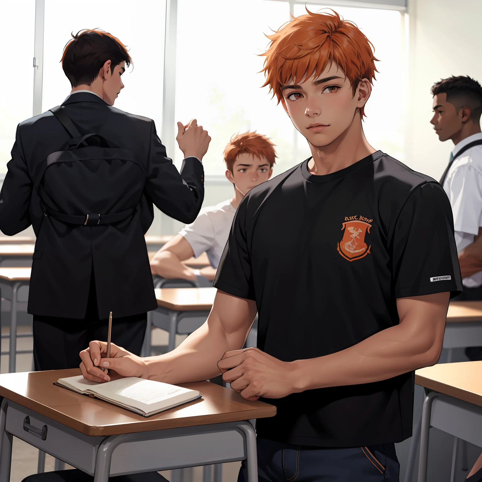 15-year-old male adolescents with brown Latin skin and orange hair, estan en la escuela hablan preocupados sobre algo importante