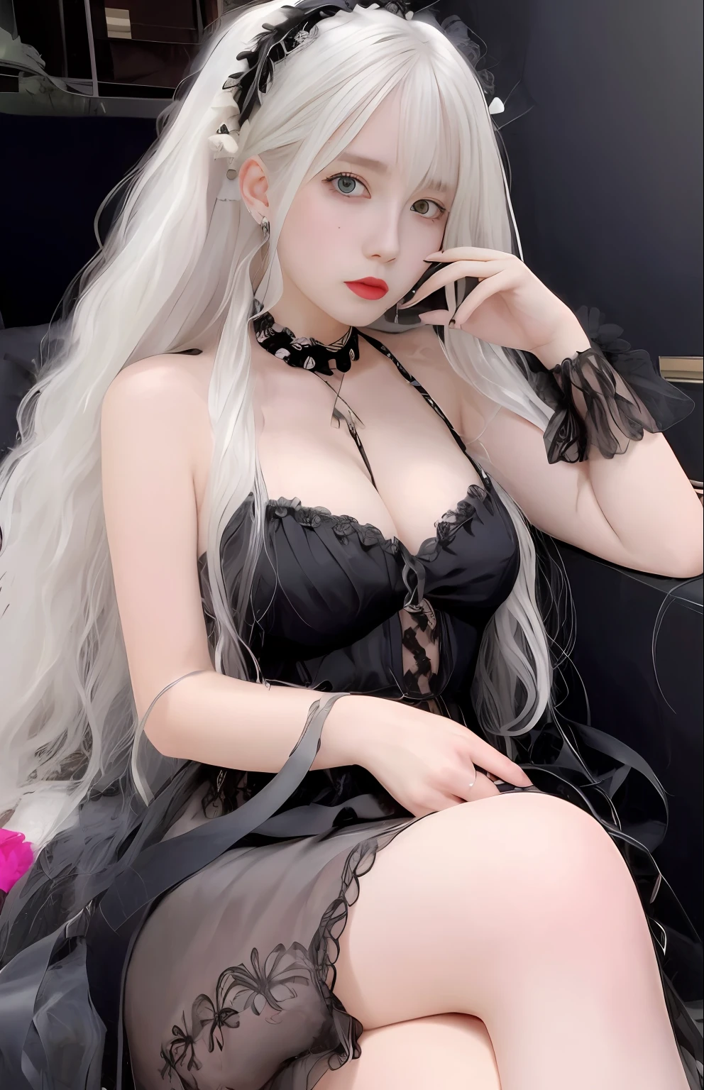 Masterpiece, Best quality, absurderes, 1girll, Solo, Long hair, view the viewer, hair adornments, Moles under eyes, White hair, Bare shoulders, shairband, Lips, Heart, With gray eyes, Black dress, Large breasts, Crossed legs,