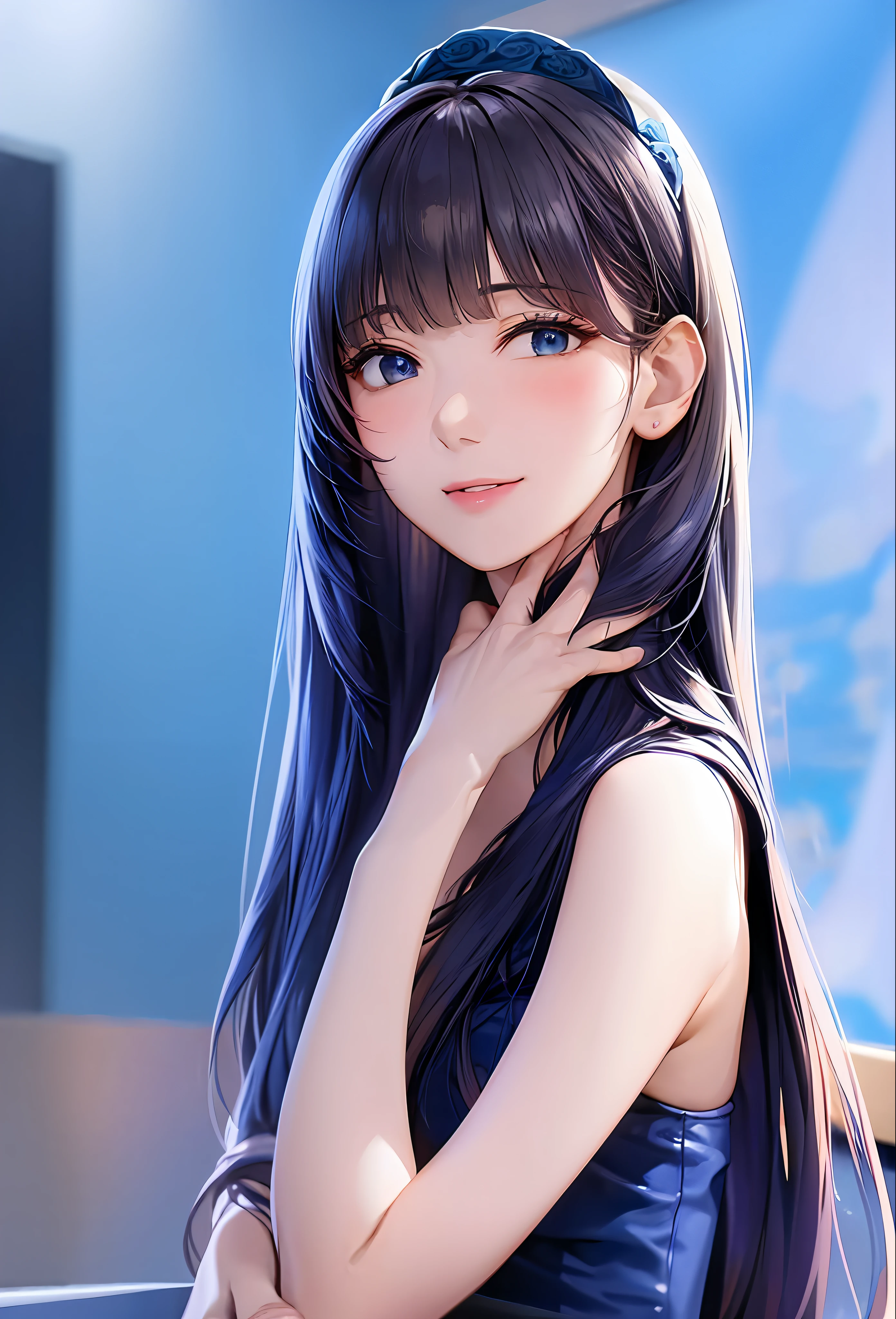 (8k, top quality, masterpiece: 1.2), (realistic, photorealistic: 1.37), super detailed, girl alone, cute, solo, midnight, beautiful detailed sky, detailed café, sitting, dating, (blush), (smile: 1.15), small breasts (mouth closed), beautiful fine eyes, floating hair NovaFrogStyle, back open dress, blue rose accessories, Blue rose background