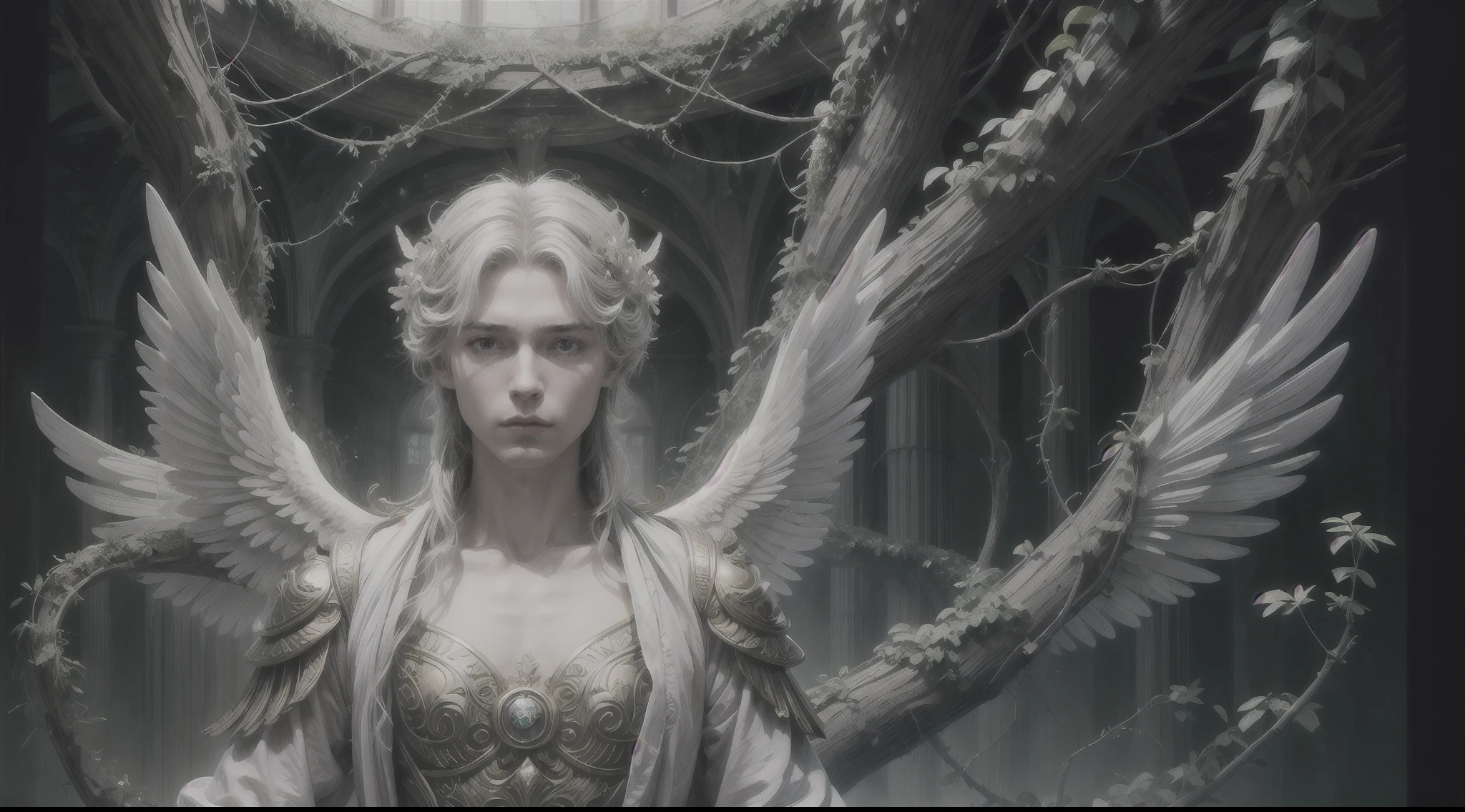 （tmasterpiece）， （best qualtiy：1.4）， absurderes， [：intricately details：0.2]， {Magical male angel made of vines}, blossoms，