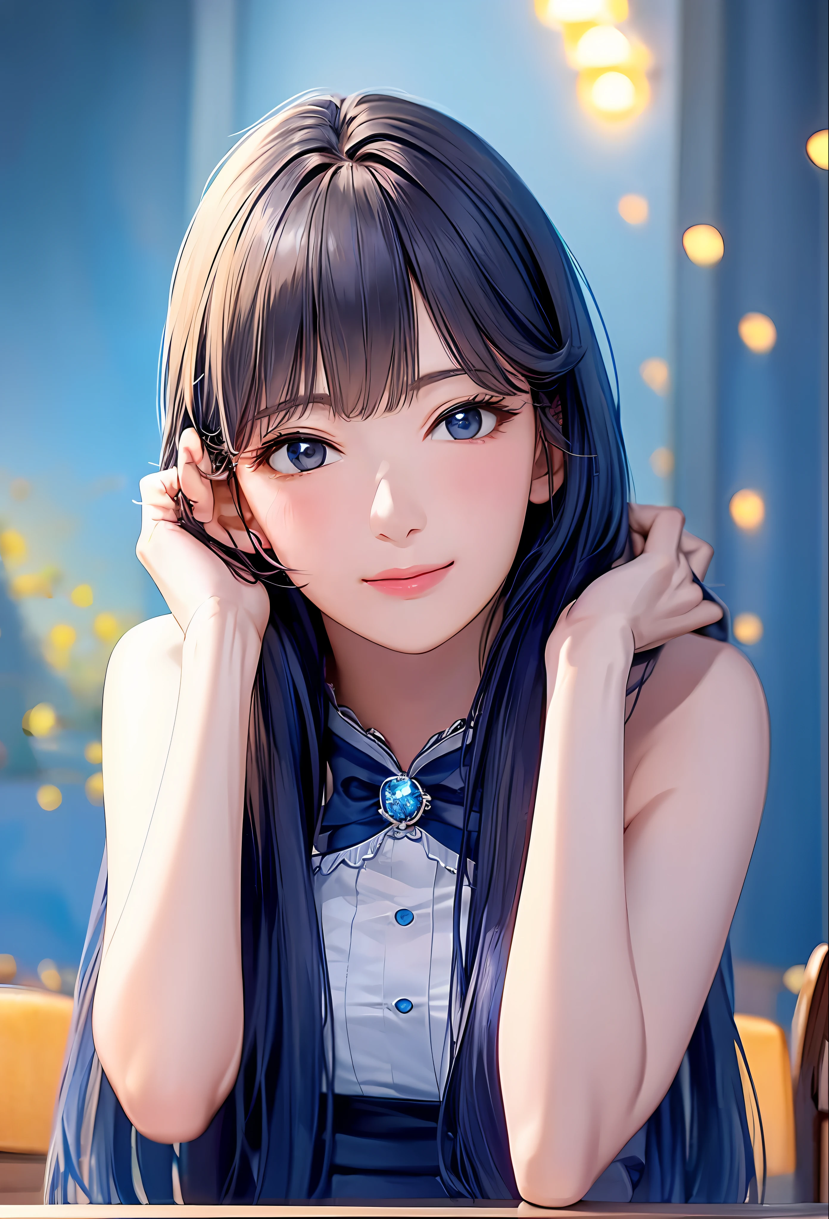 (8k, top quality, masterpiece: 1.2), (realistic, photorealistic: 1.37), super detailed, girl alone, cute, solo, midnight, beautiful detailed sky, detailed café, sitting, dating, (blush), (smile: 1.15), small breasts (mouth closed), beautiful fine eyes, floating hair NovaFrogStyle, back open dress, blue rose accessories, Blue rose background