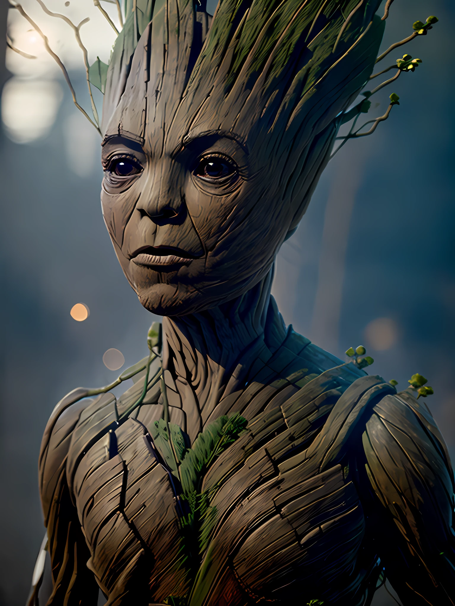 ((Groot is a fictional character in Marvel Comics. )), auto retrato hiper-realista, 8k UHD, DSLR, grain of film, fotorrealista, Fujifilm XT3, Arte MidJourney,  ((autoretrato do rosto frontal))