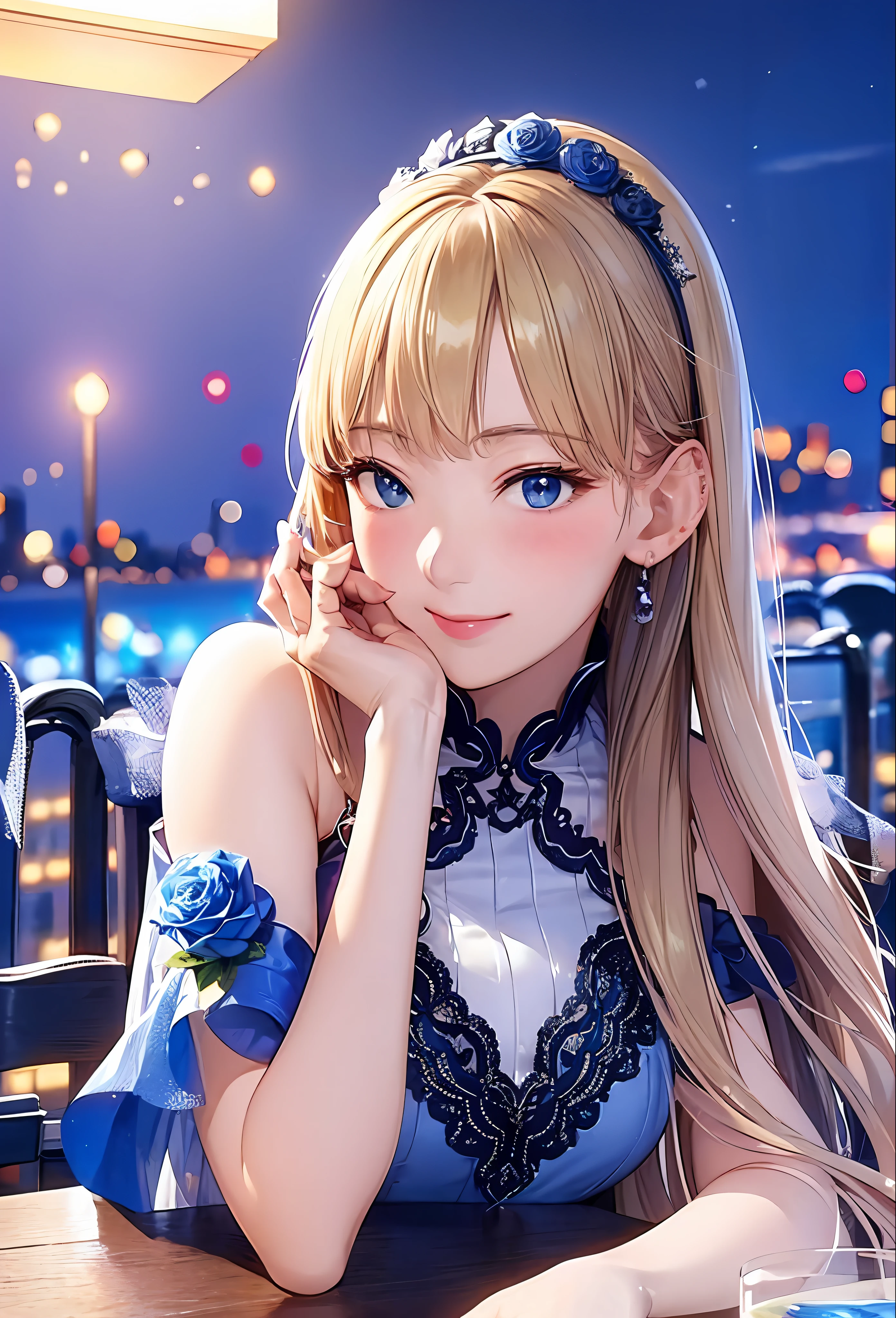 (8k, top quality, masterpiece: 1.2), (realistic, photorealistic: 1.37), super detailed, girl alone, cute, solo, midnight, beautiful detailed sky, detailed café, sitting, dating, (blush), (smile: 1.15), small breasts (mouth closed), beautiful fine eyes, floating hair NovaFrogStyle, back open dress, blue rose accessories, Blue rose background