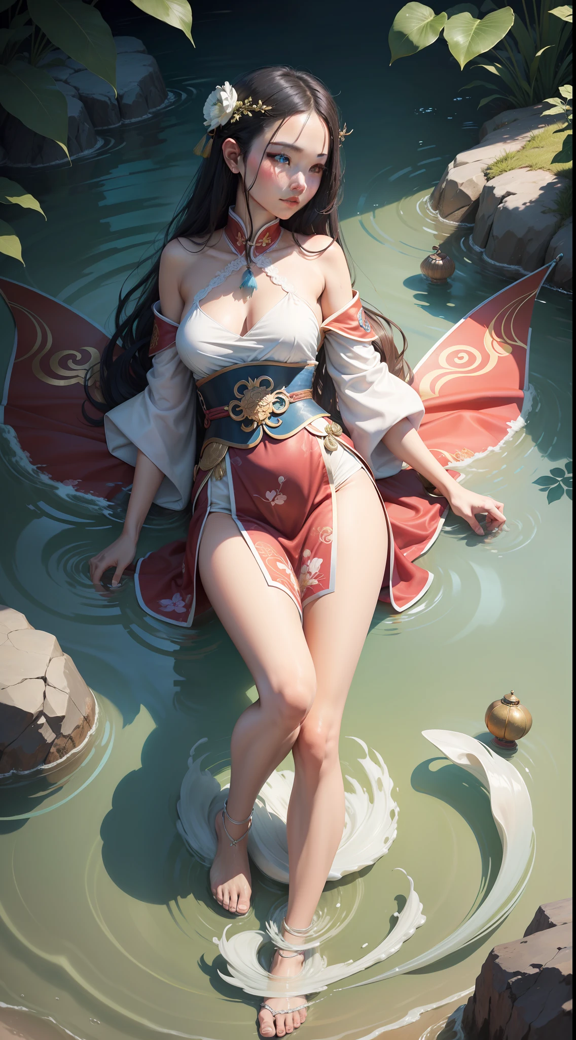 Painting a fairy woman dressed in ancient Chinese clothing，Full of fairy tales，Mythical stories similar to Jingwei reclamation are the background，She lay on the sea，Natural expression，Water splashed around her，The magic weapon hangs in the air，，lovely and kind，The legs are thin and smooth，Extraordinary temperament，8K，ultraclear，Wallpapers，Cool colors are the dominaor，goodness，adolable，Eye killing，super-fine