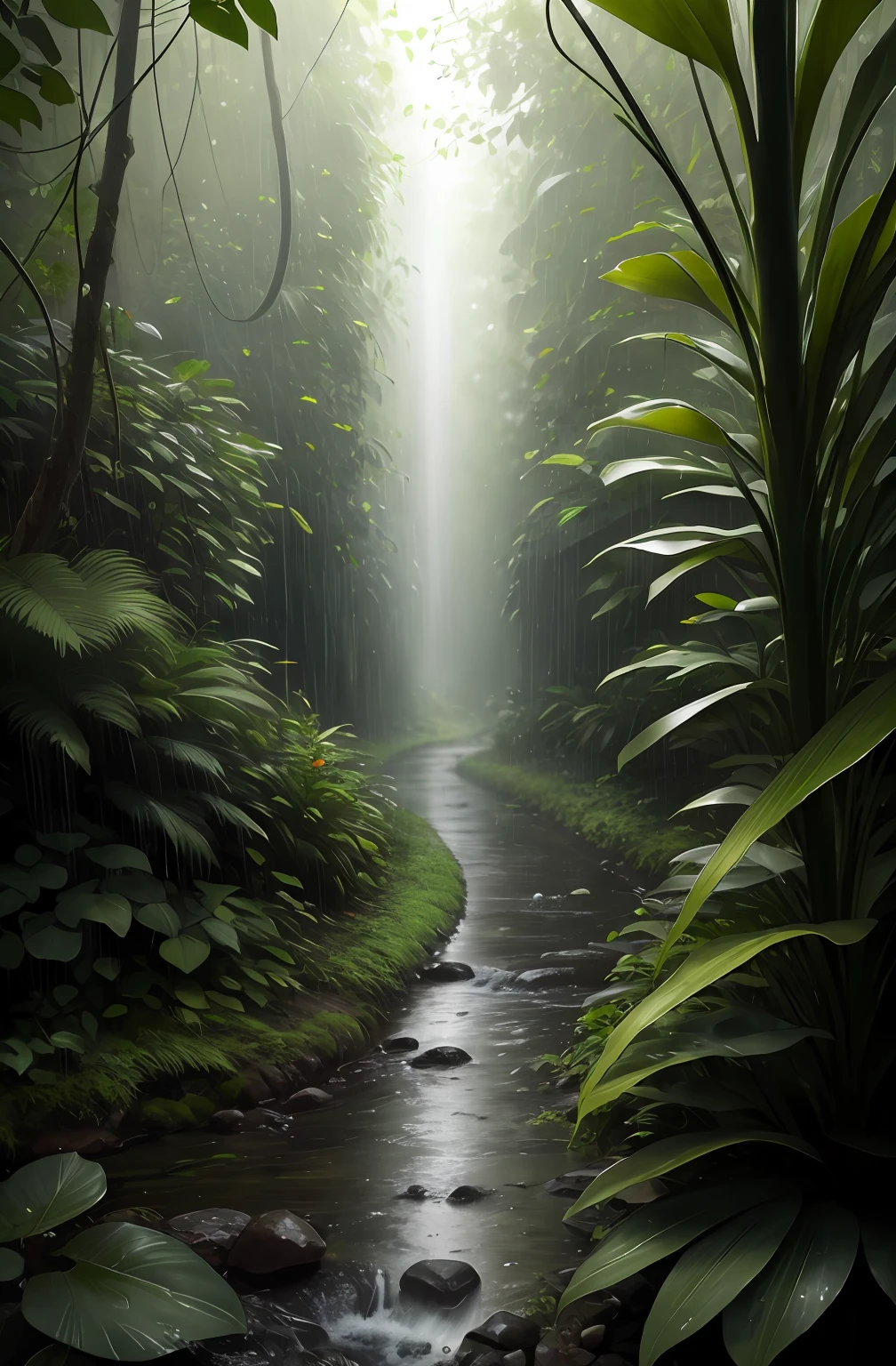 A jungle, with intense rainfall, monochromatic, vines all around, giant and wet trees, masterpiece, best quality, high quality, extremely detailed CG unity 8k wallpaper, oil paiting, award winning photography, Bokeh, Depth of Field, HDR, bloom, Chromatic Aberration ,Photorealistic,extremely detailed, trending on artstation, trending on CGsociety, Intricate, High Detail, dramatic, art by midjourney, volumetric lighting