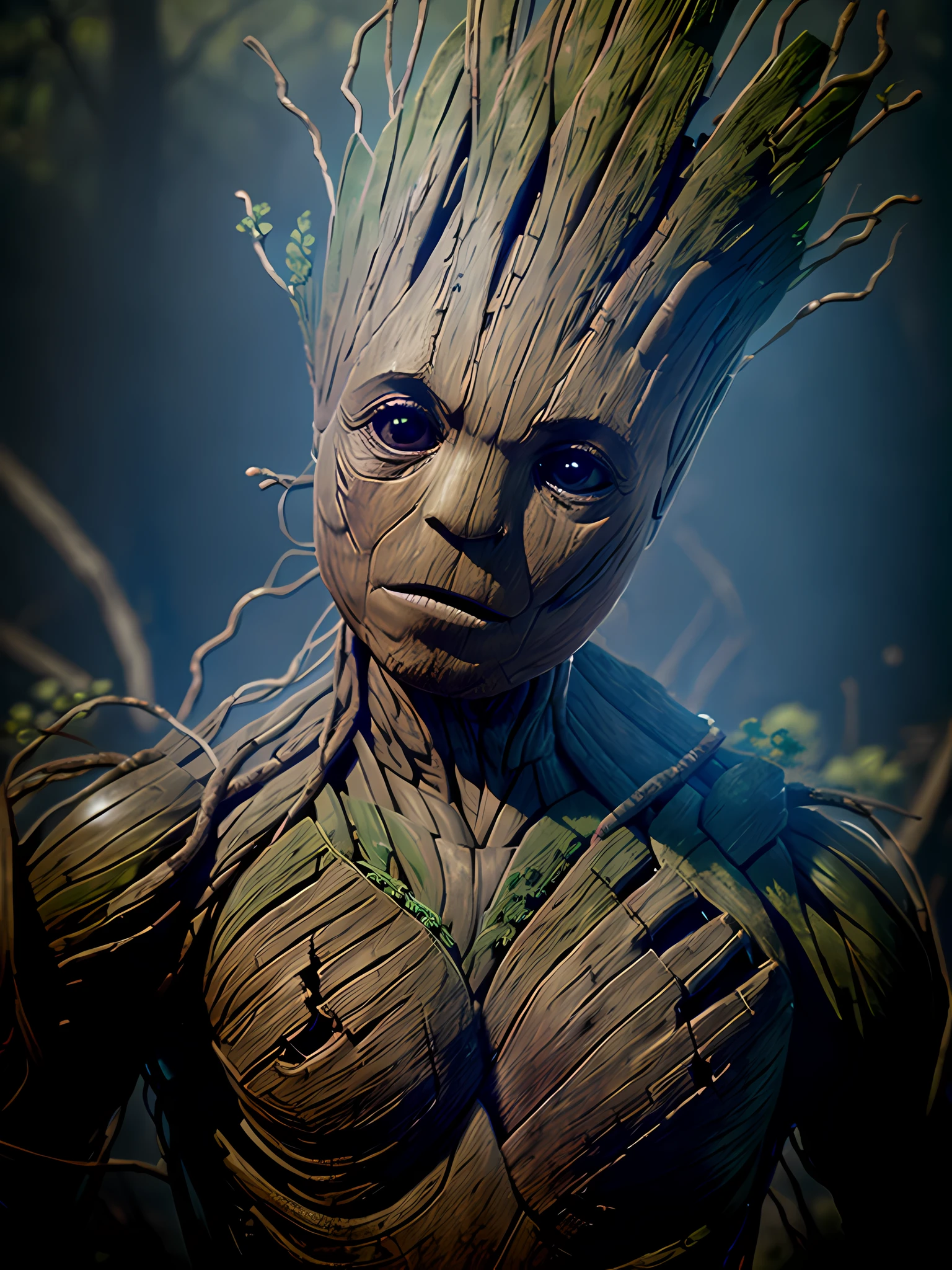 ((Groot is a fictional character in Marvel Comics. )), auto retrato hiper-realista, 8k UHD, DSLR, grain of film, fotorrealista, Fujifilm XT3, Arte MidJourney,  ((autoretrato do rosto frontal))