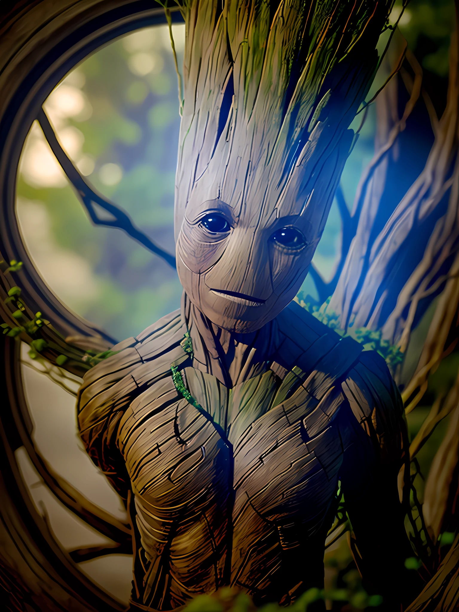 ((Groot is a fictional character in Marvel Comics. )), auto retrato hiper-realista, 8k UHD, DSLR, grain of film, fotorrealista, Fujifilm XT3, Arte MidJourney,  ((autoretrato do rosto frontal))