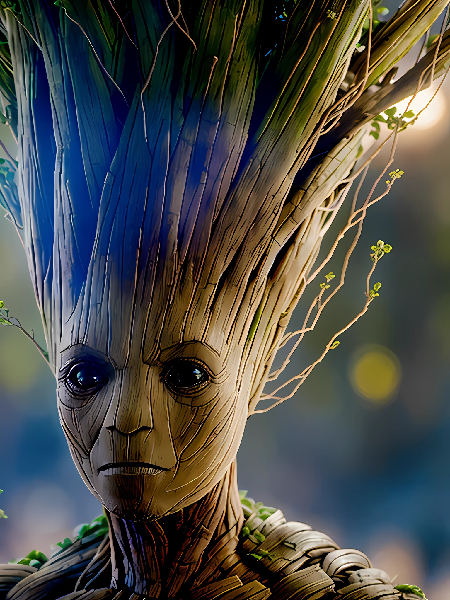 ((Groot is a fictional character in Marvel Comics. )), auto retrato hiper-realista, 8k UHD, DSLR, grain of film, fotorrealista, Fujifilm XT3, Arte MidJourney, ((autoretrato do rosto frontal))