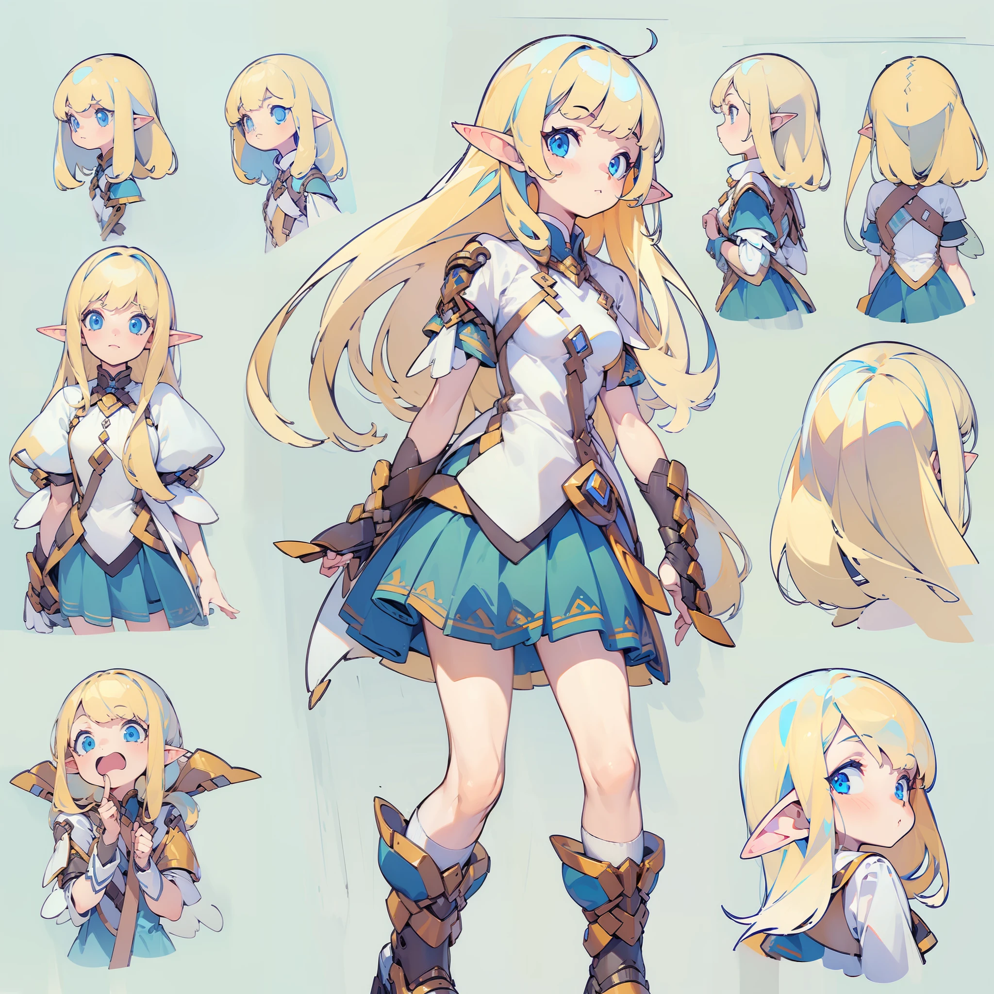 ((masterpiece)),(((best quality))),(character design sheet, same character, front, side, back), illustration, 1 elf girl, blonde hair bangs, blue eyes, environment change scene, (simple background, white background: 1.3)