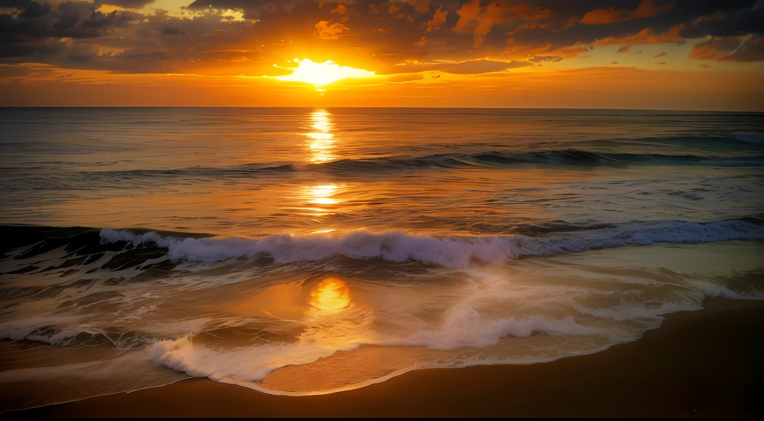 arafed view of a sunset over the ocean with waves, which shows a beach at sunset, sunset at the beach, the most beautiful sunset, beach sunset background, sunset on the beach, golden sunset, on the beach during sunset, at the beach on a sunset, golden hour time, at the golden hour, warm beautiful scene, at a beautiful sunset