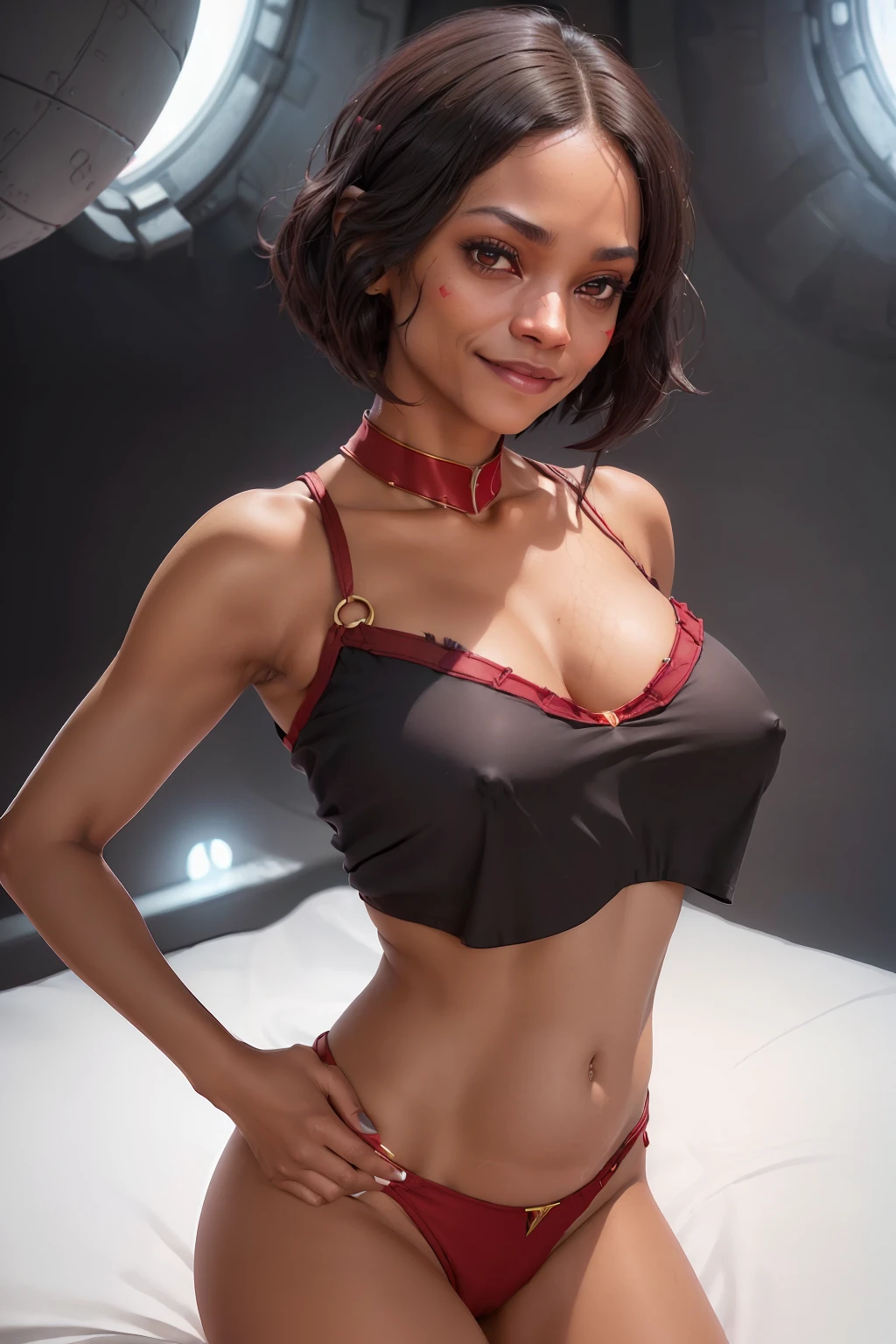 (Foto von Zoe Saldana als Uhura), ((sie ist an Bord der Enterprise NCC-1701)), (((sie sitzt auf ihrem Bett))), ((nackte schlanke Frau), ((she has small round breasts)), ((closely spaced breasts)), (kleiner Kopf), ((detailliertes Gesicht)), (fotorealistisch), (Raytracing), (scharfer Fokus), ((natural realistic skin texture)), ((lange schwarze Haare)), (((She wears a dark red underboob, ein enges, kurz geschnittenes Hemd)), (she smiles seductively at the viewer), (((ghost nipples))