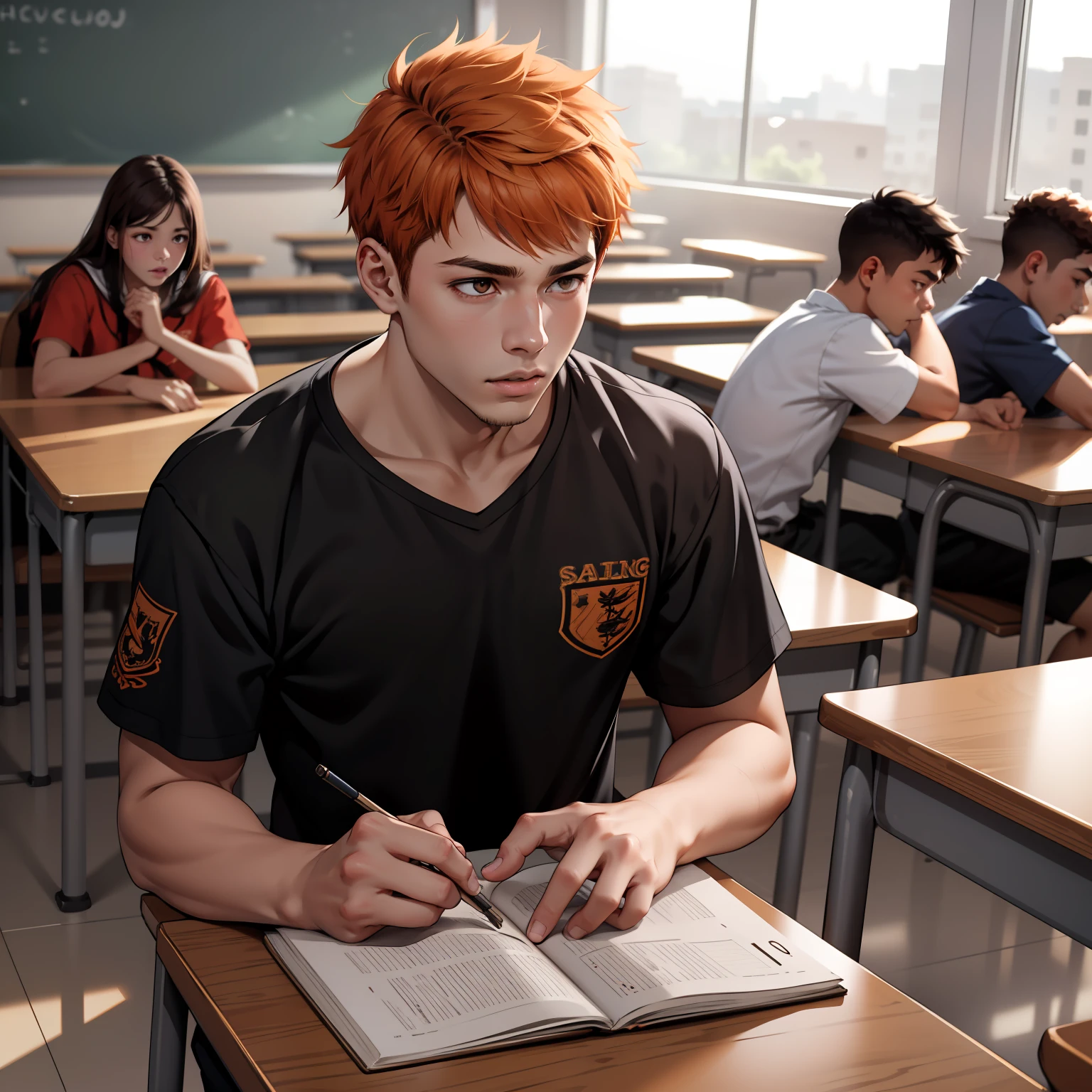 -yeld maadolescents with brown Latin skin and orange hair, estan en la escuela hablan preocupados sobre algo importante