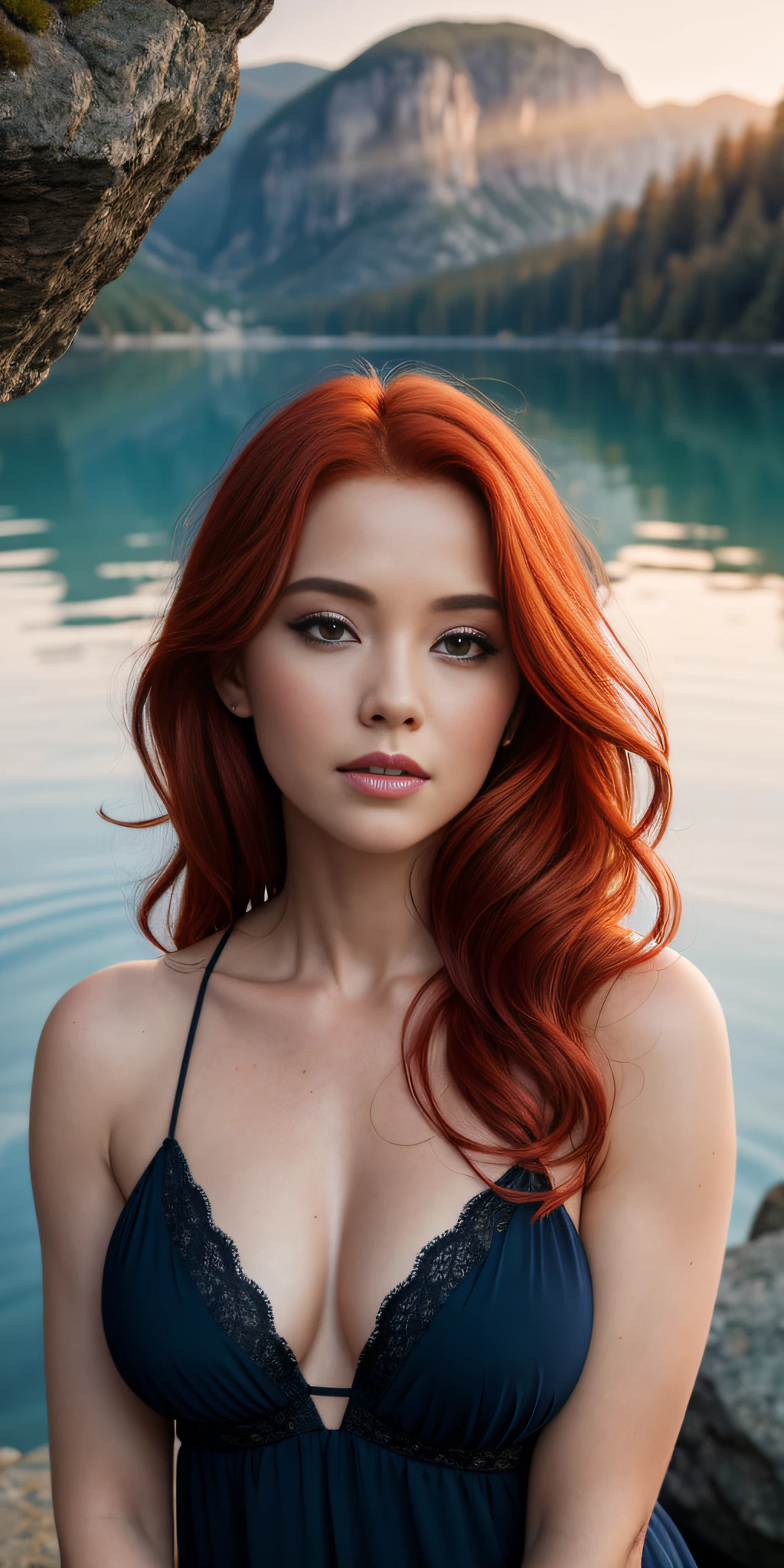 beautiful red-haired woman of 26 years, in nightie, shyness, seduction, romanticism, open mouth, loving gaze, on an overhang rock, lake in the background, sunset, photorealistic, photograph, masterpiece, realistic, realism, photorealism, high contrast, trendy photorealistic digital art on Artstation 8k HD realistic high definition detailed, detailed, skin texture, hyper detailed, realistic skin texture, Best Quality, Ultra High Resolution, (Photorealistic: 1.4),, High Resolution, Detailed, Raw Photo, Sharp Re, by Lee Jeffries Nikon D850 Film Stock Photography 4 Kodak Portra 400 F1.6 Camera Rich Lens Colors Hyper Realistic Texture Dramatic Lighting Unrealengine Trend in ArtStation Cinestill 800, No Text