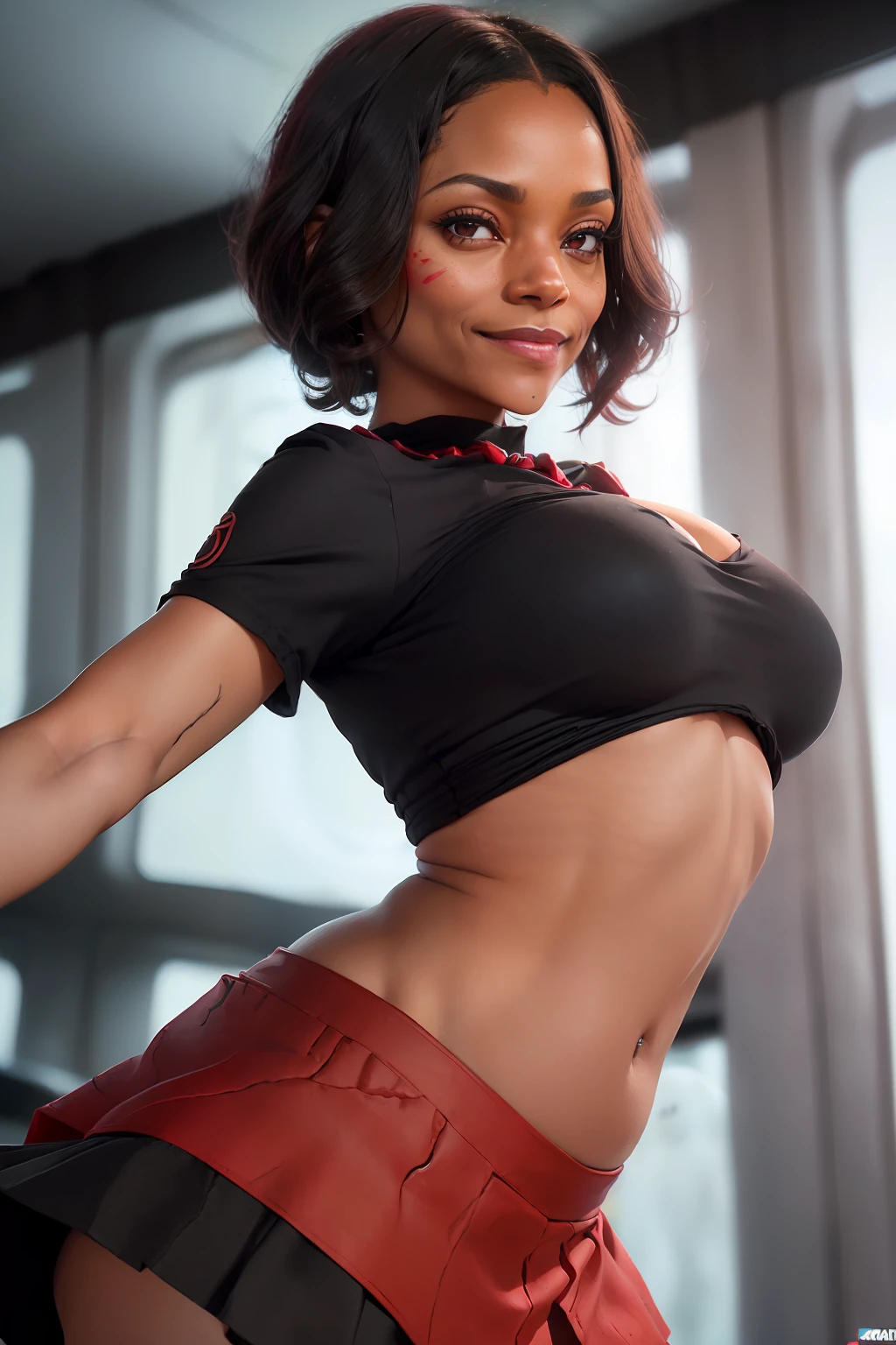 (Foto von Zoe Saldana als Uhura), ((sie ist an Bord der Enterprise NCC-1701)), (((sie steht in ihrer Kabine))), ((schlanke frau), ((she has small round breasts)), ((closely spaced breasts)), (kleiner Kopf), ((detailliertes Gesicht)), (fotorealistisch), (Raytracing), (scharfer Fokus), ((natural realistic skin texture)), ((lange schwarze Haare)), (((She wears a dark red underboob, ein enges, kurz geschnittenes Hemd)), , (((she wears a black skirt))), (she smiles seductively at the viewer), (((ghost nipples))