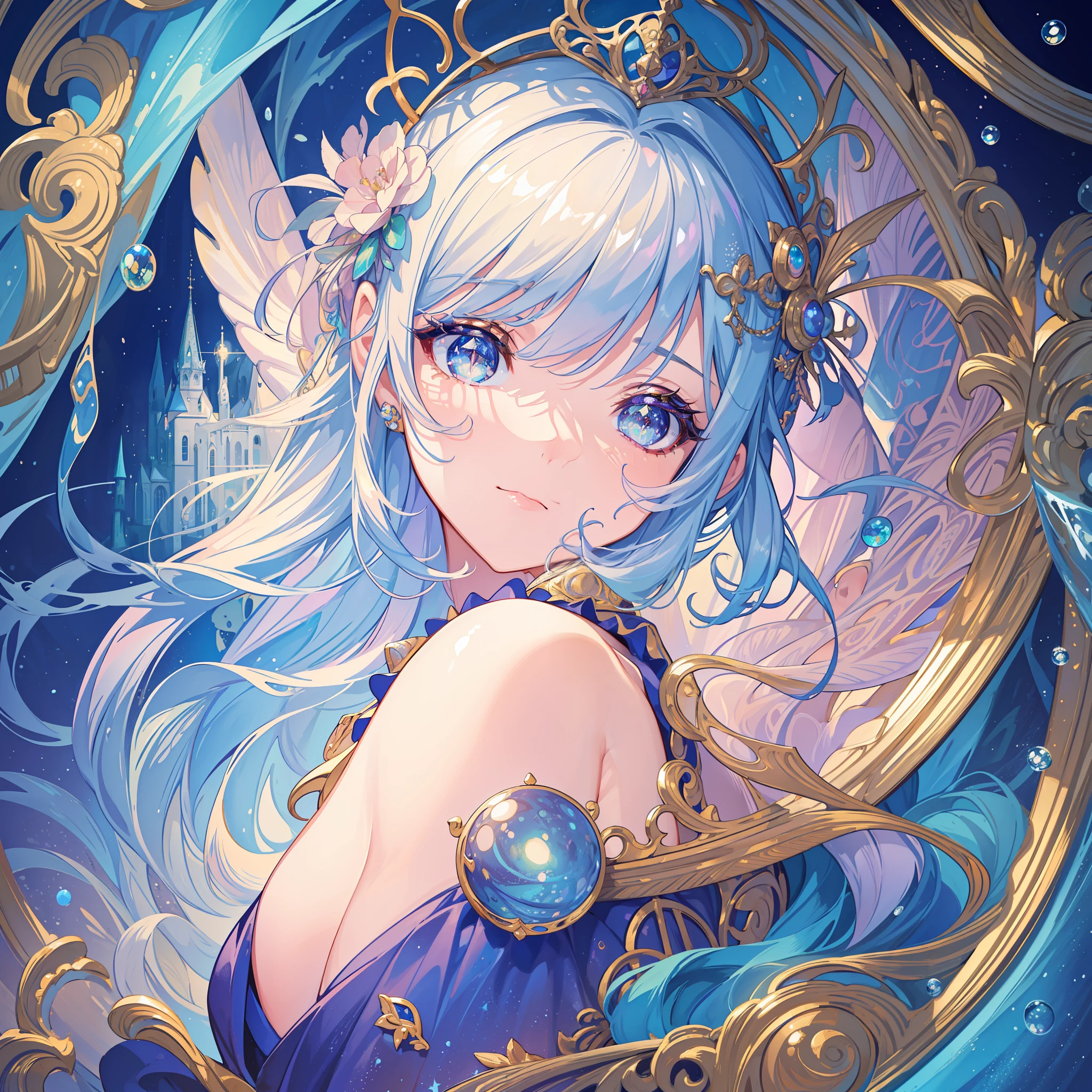 masterpiece, best quality, 8k resolution, sharp focus, intricate detail, beautiful girl, sparkling eyes, golden ratio face, otherworldly liquid, watercolor, ((pastel colors)), bright colors, whimsical, colorful, sharp focus, high resolution, fine detail, intricately detailed layered ballgown, ((round eyes)), iridescent bubbles, castle landscape in background