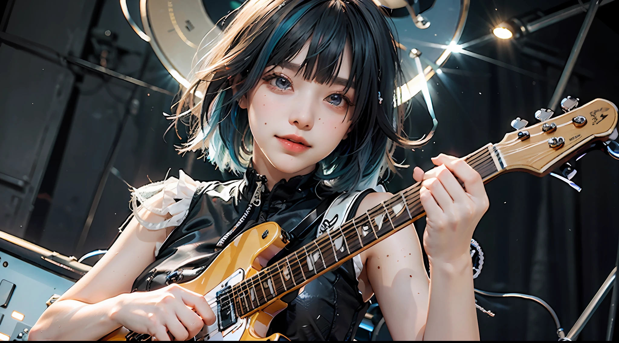 Qualidade superior, obra-prima, ultra high def, (fotorrealista: 1.4), foto crua, tiro de cowboy, charming smiling girl playing electric guitar on stage live, (dynamic paw), blue gradient hair, asymmetrical bangs, corte bob corte bob, colar pendente cruz, brincos, traje rock branco, Live Colored Lighting, luzes Neon