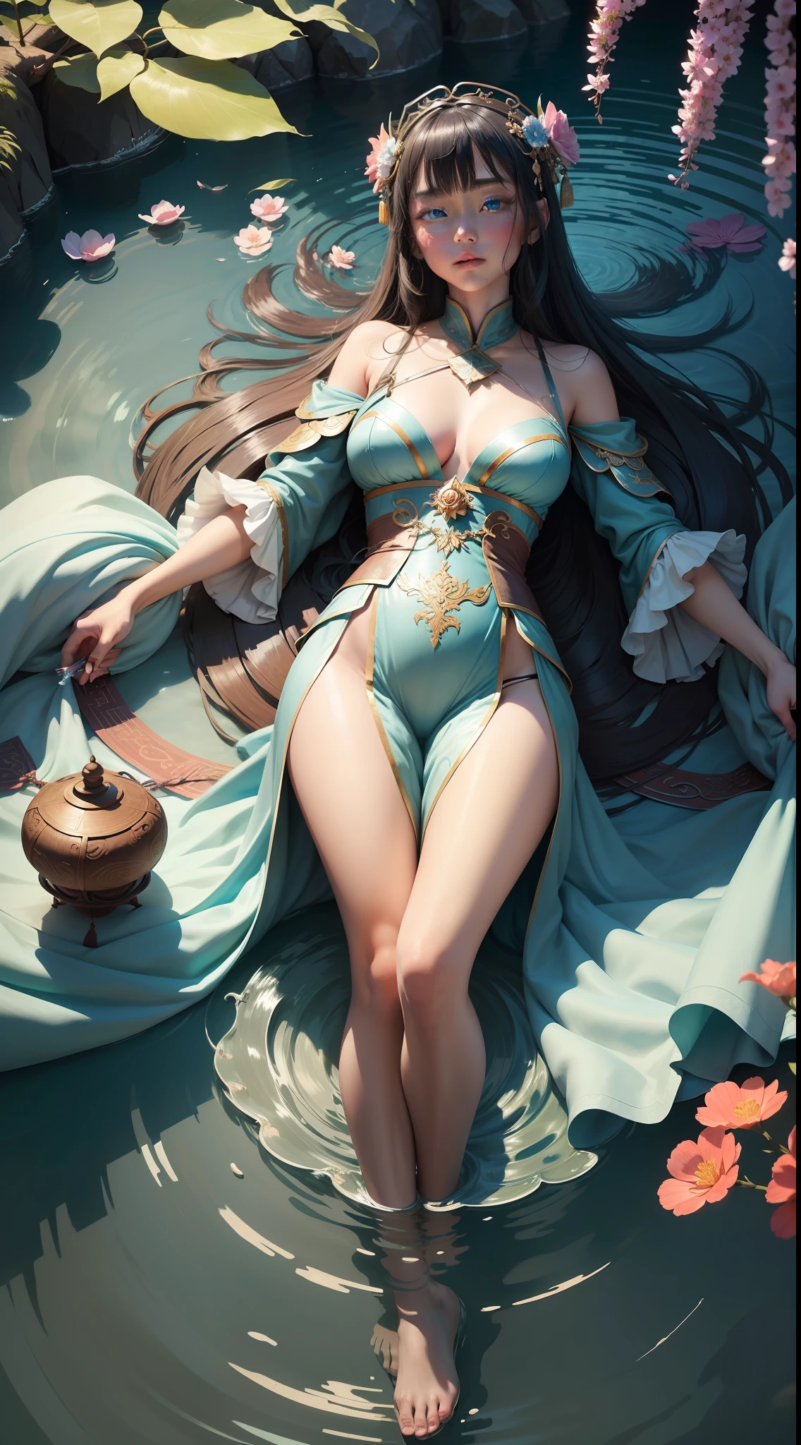Painting a fairy dressed in ancient Chinese feather costume,Full of fairy tales,Mythical stories similar to warp and weft reclamation are the background,She lay in the sea,Natural expression,Water splashed around her,The magic weapon hangs in the air,mature,lovely and kind,The legs are thin and smooth,Extraordinary temperament,8K,ultraclear,Wallpapers,Cool colors are the dominant color,goodness,adolable,Eye killing,super-fine