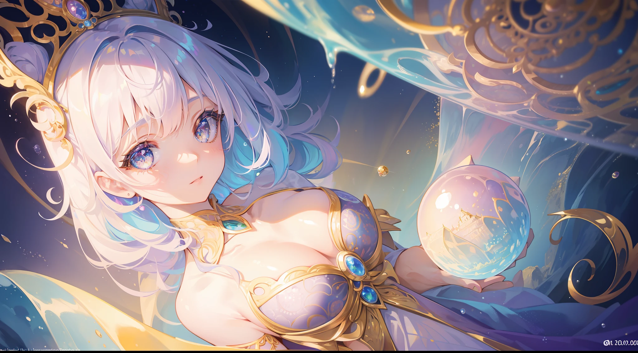 masterpiece, best quality, 8k resolution, sharp focus, intricate detail, beautiful girl, sparkling eyes, golden ratio face, otherworldly liquid, watercolor, ((pastel colors)), bright colors, whimsical, colorful, sharp focus, high resolution, fine detail, intricately detailed layered ballgown, ((round eyes)), iridescent bubbles, castle landscape in background