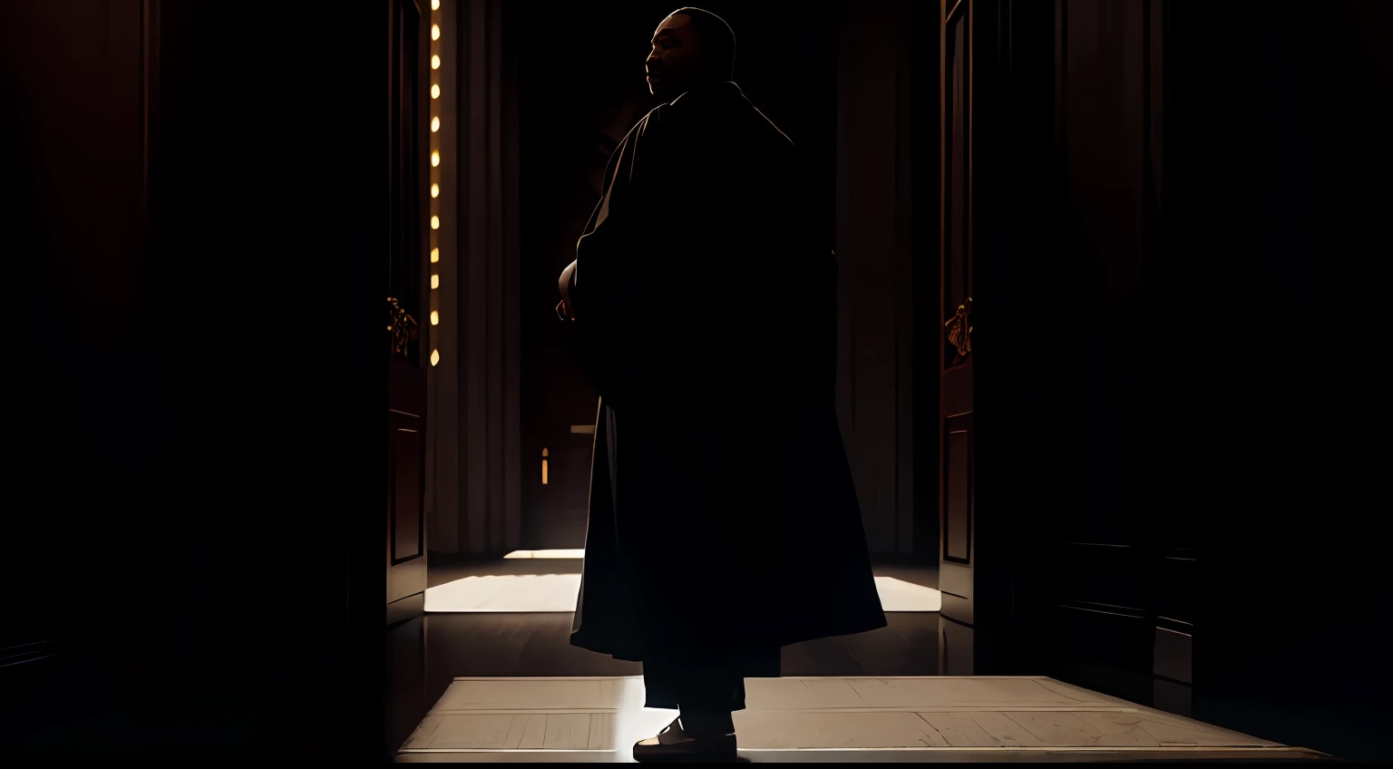 Martin Luther King Jr., in standing robes in profile smiling tenderly, dark background, gleaming lighting from behind the image, sandals, masterpiece, 8k, best quality, ultra-detailed, cinematic, , best shadow, inspiring.
