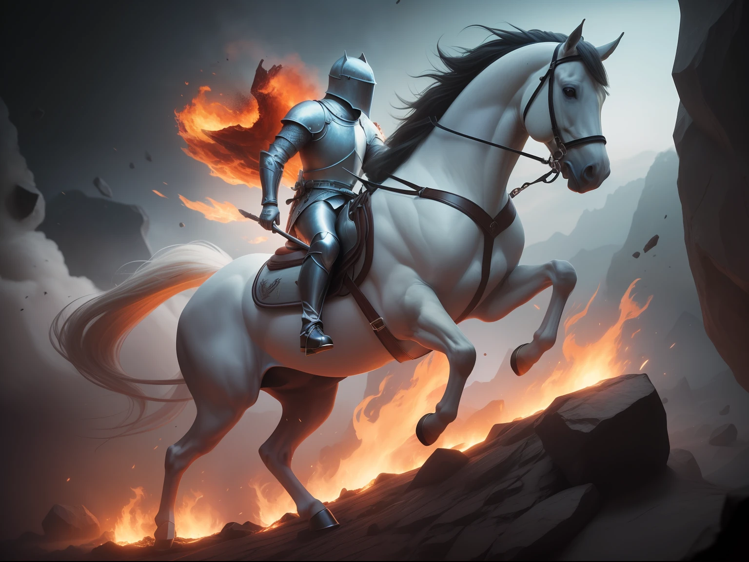 a knight comes from the darkness riding a white horse, climbing the asteroid, dramatic moment, horor style, cinematic lighting, character render, hyper realistic , fire, debrish, ultra high quality model, ethereal background, abstract beauty, explosive volumetric, digital painting, heavy strokes, mystery place, ultra detailed, high texture, 8k, good anatomy, creative abstract art, centered object