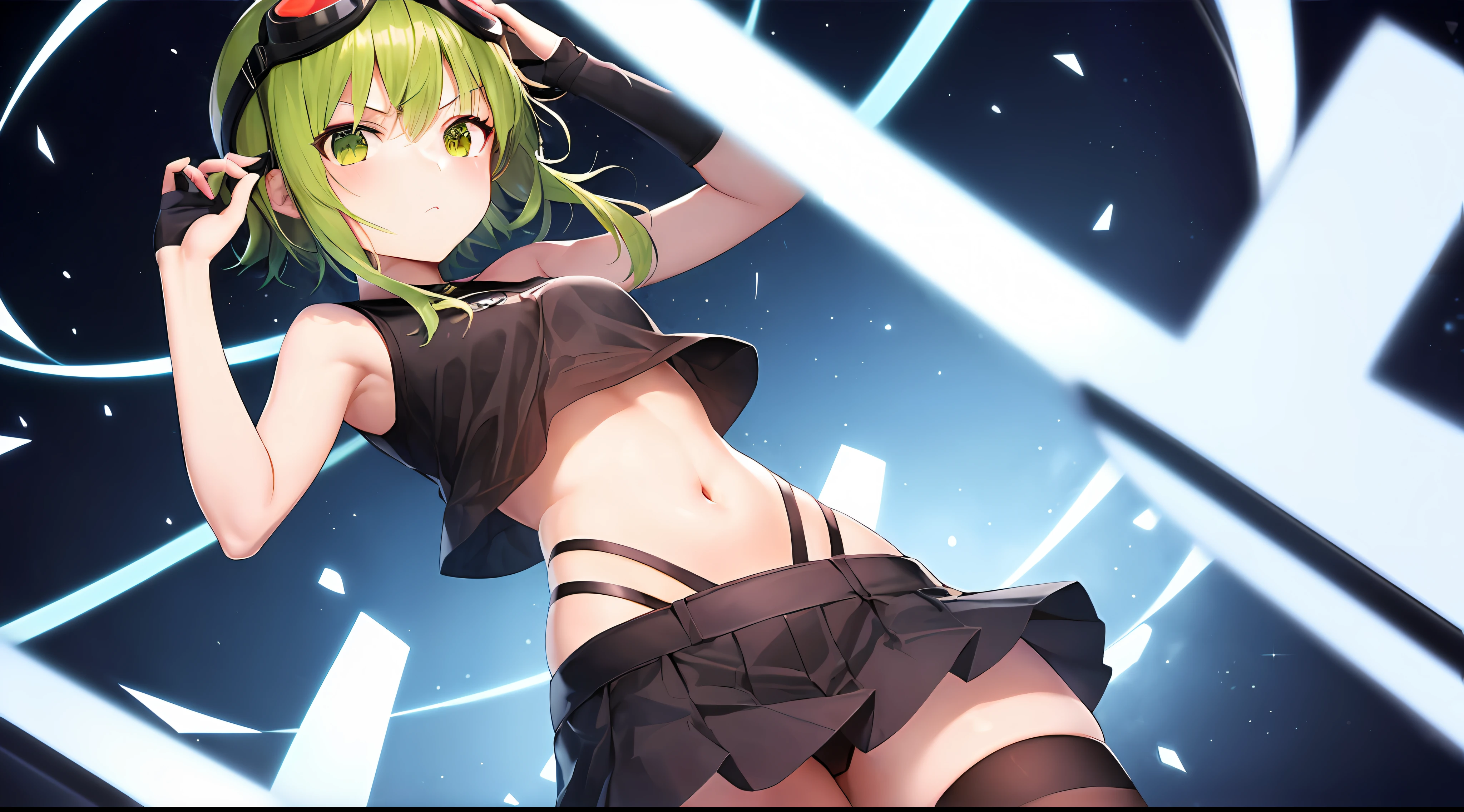 masutepiece, best_quality, 1girl in, Solo, Gumi,  goggles on head, Navel,  lift, Serious,Dark look,Looking here