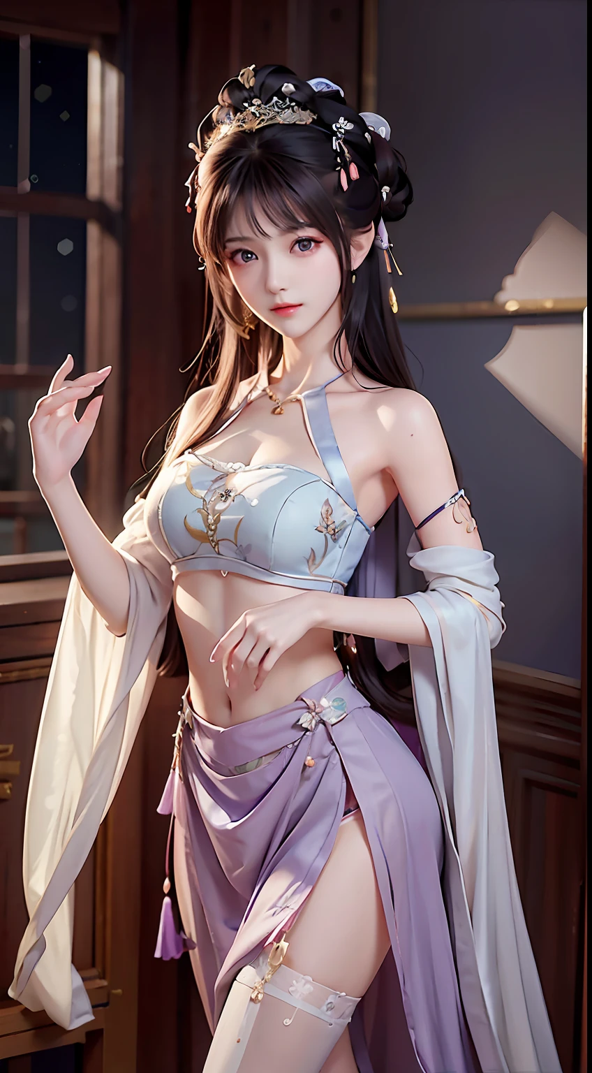 Bust photo，a  beautiful female，messy  hair，teens girl，Symmetrical bun，hair adornments，jewelry，The face is delicate，eye shadows，Purple top，purpleish color，purple，Crop topping，long purple skirt，Dunhuang style，Delicate embroidery，silver decoration，silver streamer，white streamer，Light blue streamer，Fine fine skin，Soft light effects，Delicate and smooth hair，exquisite detailing，Eye highlights，Fair skin，Fine portrayal，Ultimate detail，Cinematic quality，being thin，slenderness，Fragmentation，hair detail，Thin bangs，Shawl hair，Correct bodies，shadowing，Air bangs，8K，Super meticulous，Fine fabric texture，softness，complaisant，Smooth texture，Dunhuang style，Delicate pattern，Correct hand drawing，anatomy correct，acurate，the night，Night，lamplight，dingdall effect，Ray traching，HUD，full bodyesbian，black lence stockings，high-heels，No corsets