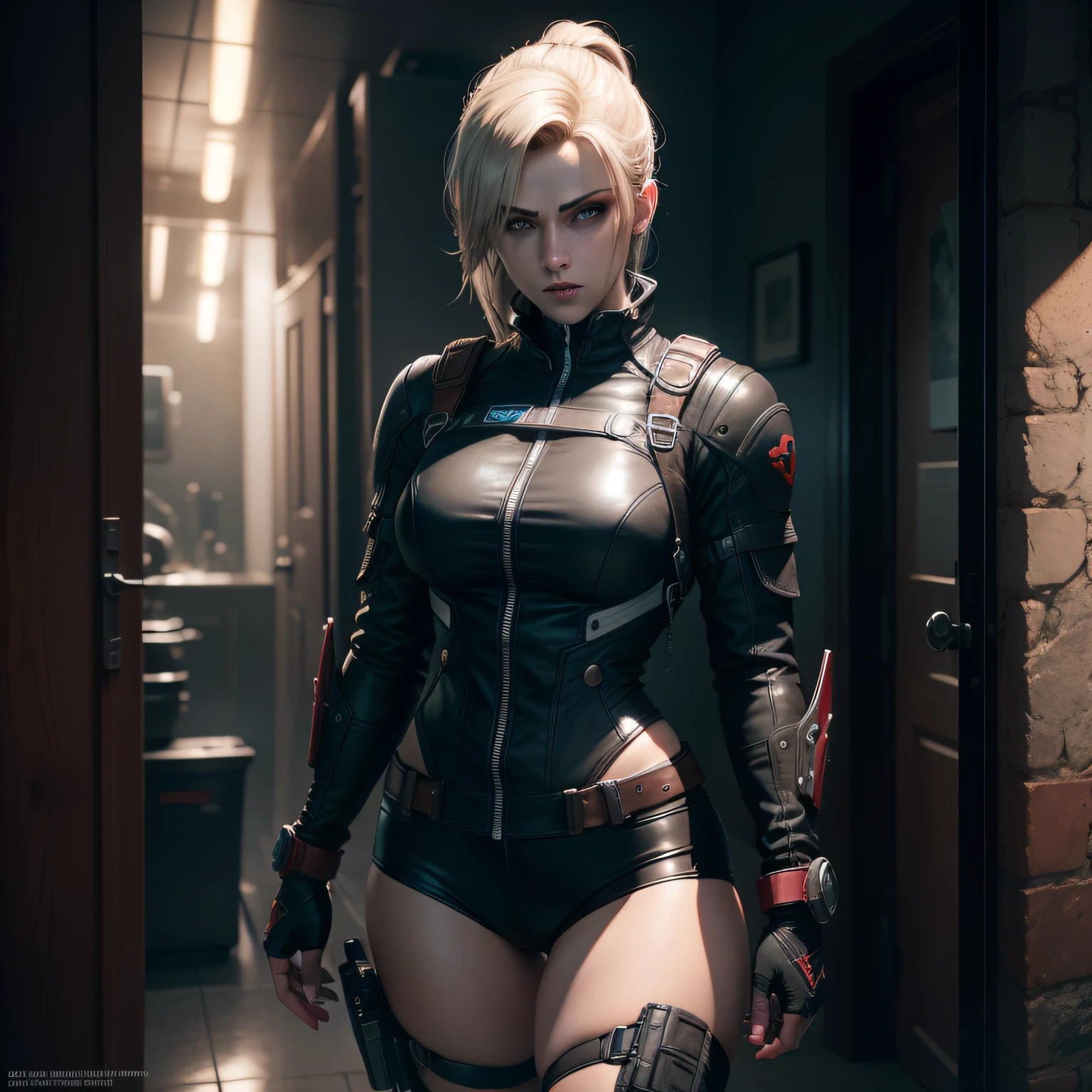 （8k，Fotos RAW，melhor qualidade，tmasterpiece：1.2），Ultra - Detalhado，Arte Oficial，realista：1.37，Artisticamente，Sexy enorme（5） , seios grandes, clivagem, pele detalhada, perna longa bonita, 5-fingered hands, Motor Unreal 5, RTX , female version of Albert Wesker ( Resident Evil 4)