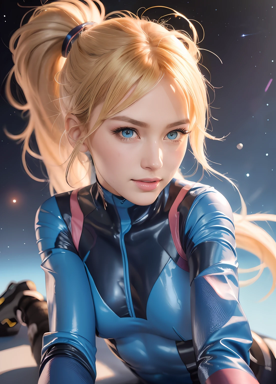 samus aran, ponytail, hair tie, blue gloves, blue bodysuit, high heels (masterpiece, best quality:1.4), (modern days), blue eyes, 1girl, solo, pov, sfw, stunning girlfriend, (space background), (sit on the floor:1.1), spread legs, heart shaped face, elegant face, beautiful face, highly detailed face, highly detailed skin, skin pores, subsurface scattering, realistic pupils, medium breast, loving smile, looking at viewer, full face blush, full lips, detailed background, depth of field, volumetric lighting, sharp focus, absurdres, realistic proportions, good anatomy, (realistic, hyperrealistic:1.4), 16k hdr,