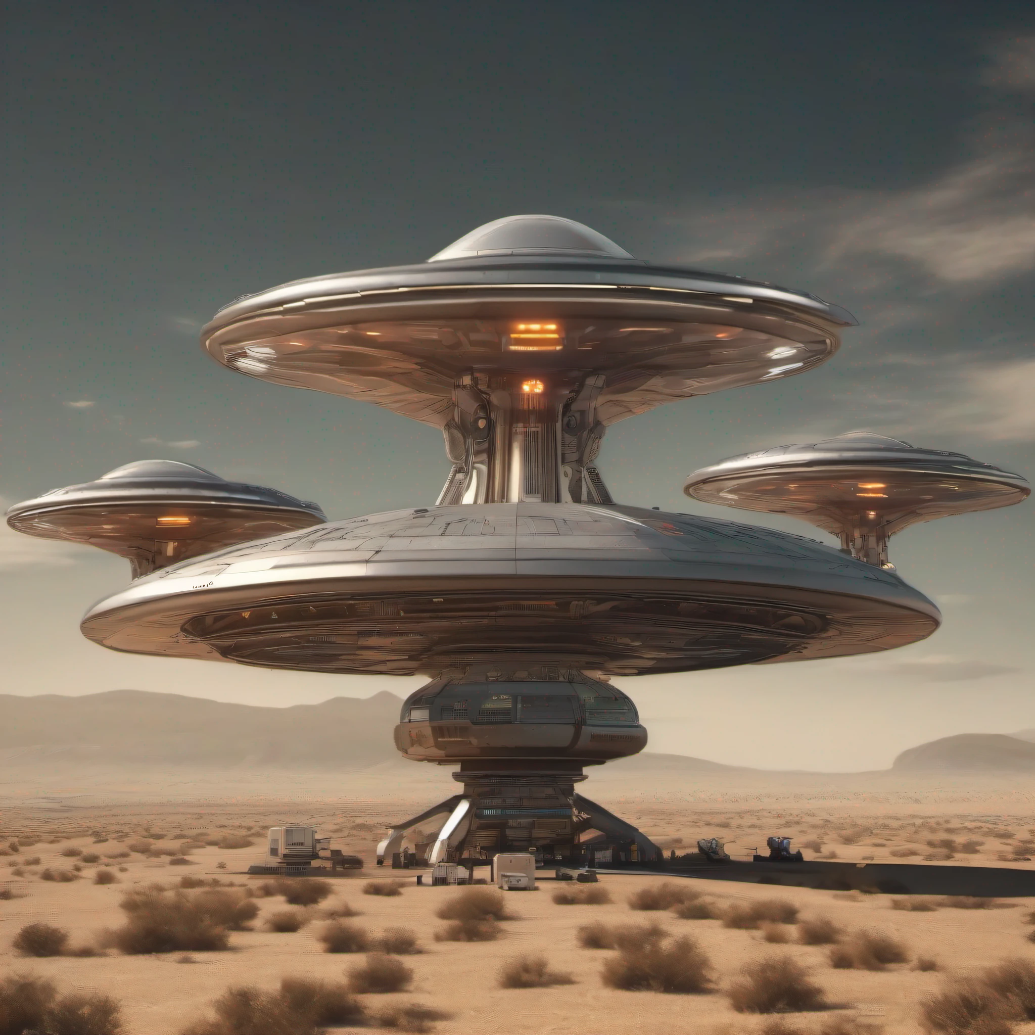 disco voador super detalhado, nave espacial sobrevoando um deserto com pessoas ao fundo, alien abduction, Rapto de OVNIs, aliens invading earth, ufo aliens, populated with aliens and people, ufo attack, Pouso de OVNIs, ufologia, Alien invasion, OVNI com lasers, of a ufo propulsion system, extraterrestre, ufo lighting, alien spaceship, depicted as a scifi scene, mechanical marvel, robotic presence, (steel metal, Foco claro , Uplighting , cores vibrantes, obra-prima, 8k, rim lighting, studio illumination, cinemactic, melhor qualidade, obra-prima, texturas ultra HD, altamente detalhado, hiper realista, detalhe intrincado, 8k, fotorrealista, Vray rendering, ray tracing, HDR), (DSLR, full frame, 16mm focal length, abertura f/8, dynamic perspective, dinamic angle, golden ratio, golden ratio, fotografia ampla, wide field of view, profundidade de campo profundo, 3d
